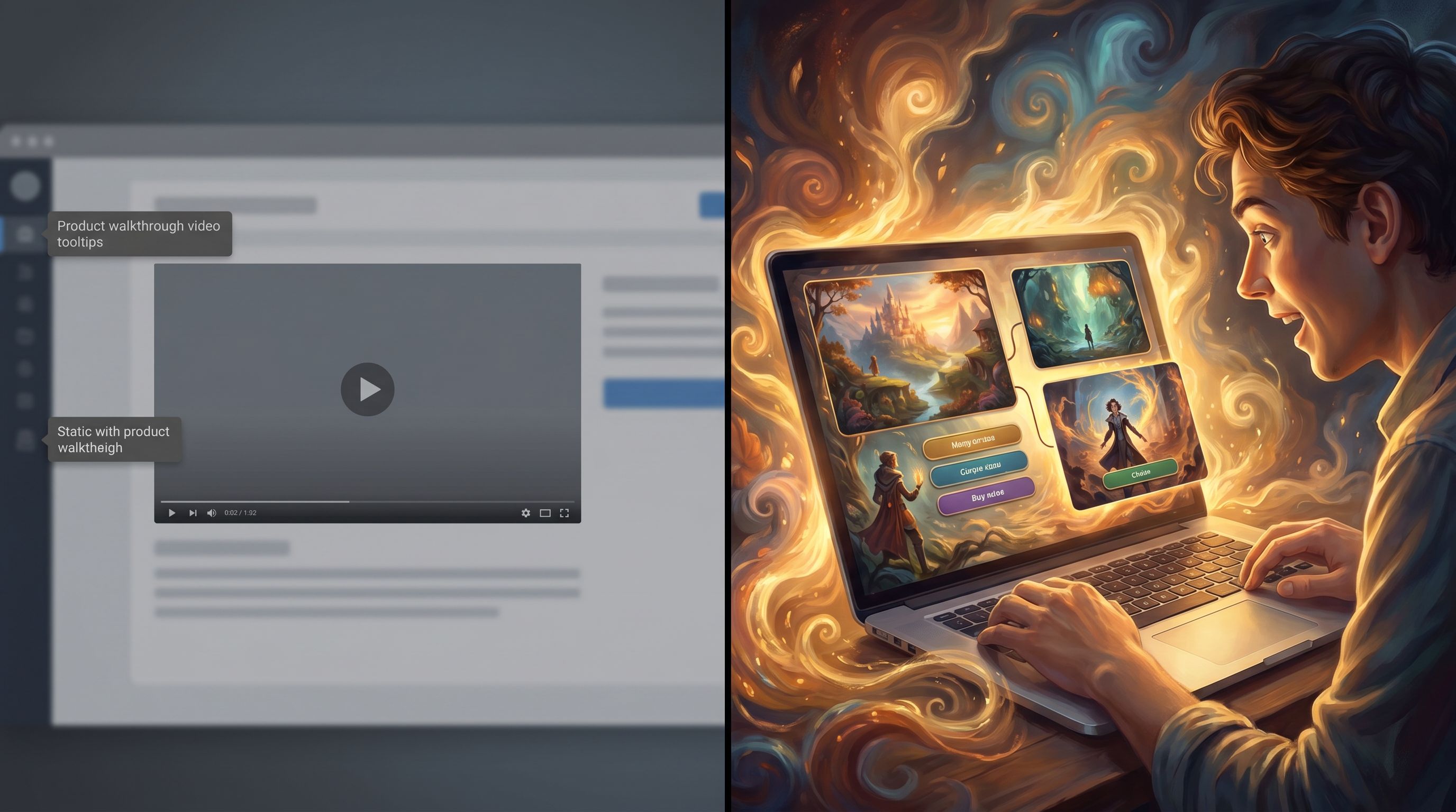 A split-screen scene showing on the left a dull static product walkthrough video player and scattere