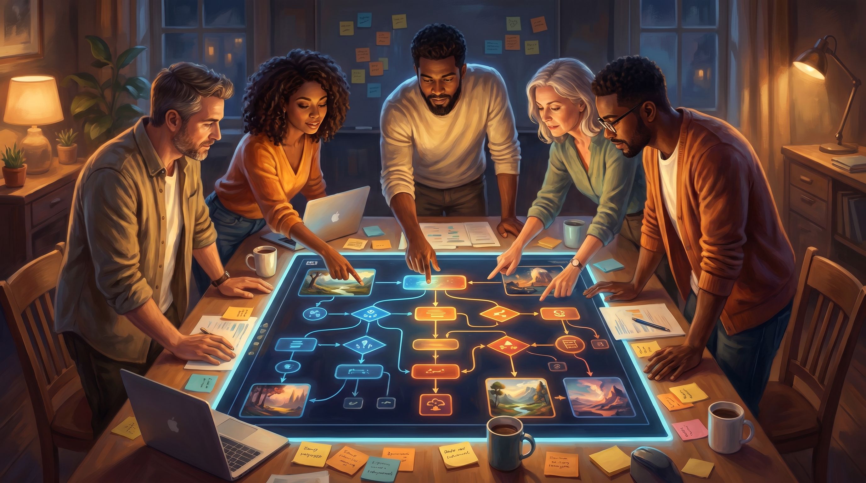 A SaaS product team gathered around a large tabletop screen displaying a branching flowchart with co