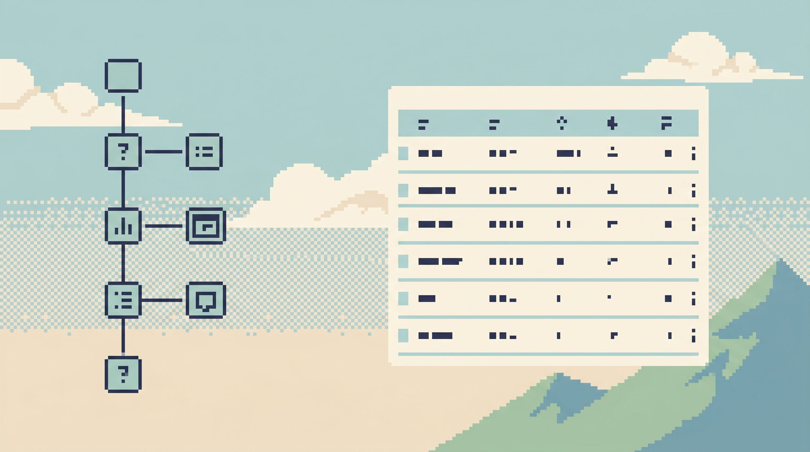 Clean minimal interface mockup showing a vertical list of query steps as a linear trail on the left