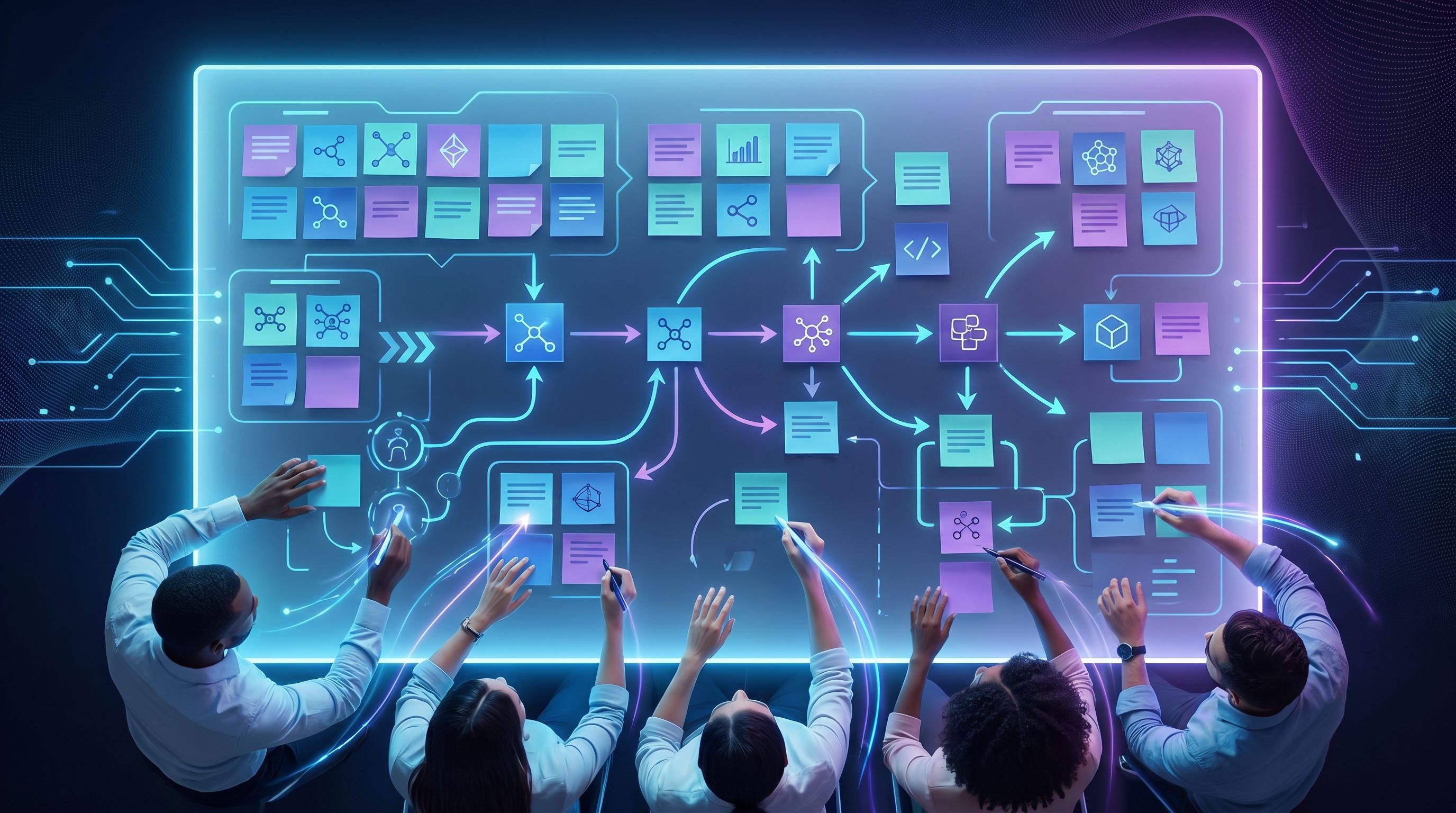 a whiteboard covered in sticky notes and arrows, with a team of marketers mapping customer journeys