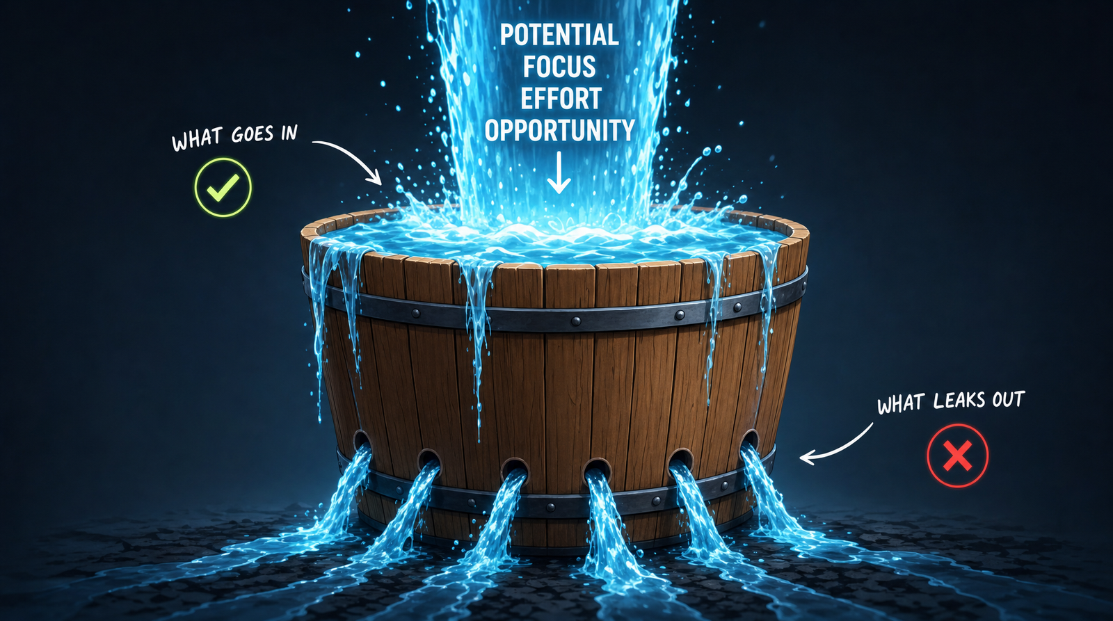 A large wooden bucket overflowing as a torrent of glowing water pours in from above while most of it leaks out through holes near the bottom, a visual metaphor for wasted momentum from a viral spike.