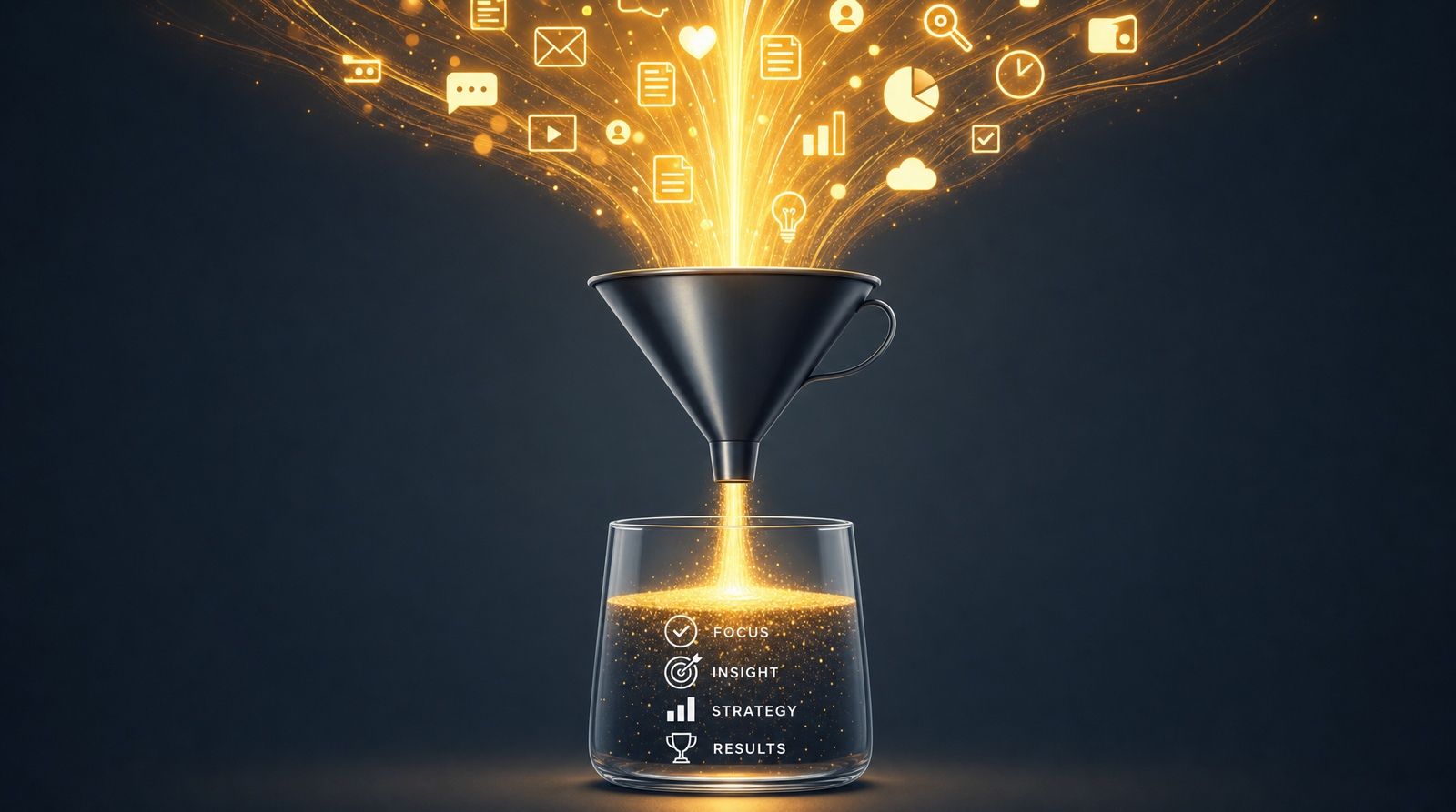 A single sturdy funnel neatly channeling a powerful torrent of flowing light and small glowing icons down into one clean glass vessel that is steadily filling, representing intentional capture of a large flow of attention.