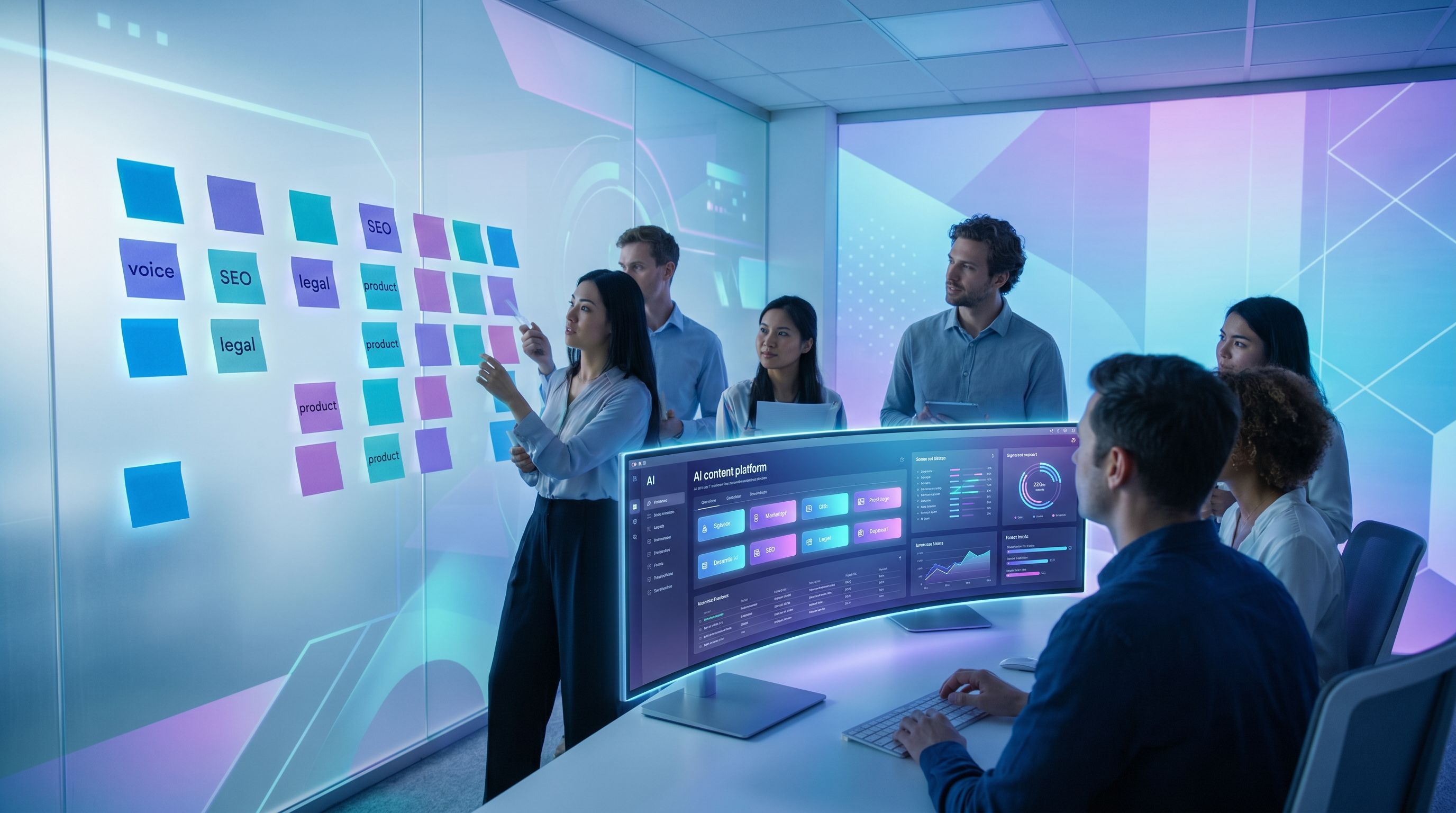 a cross-functional marketing team gathered around a large wall of sticky notes and a shared laptop s