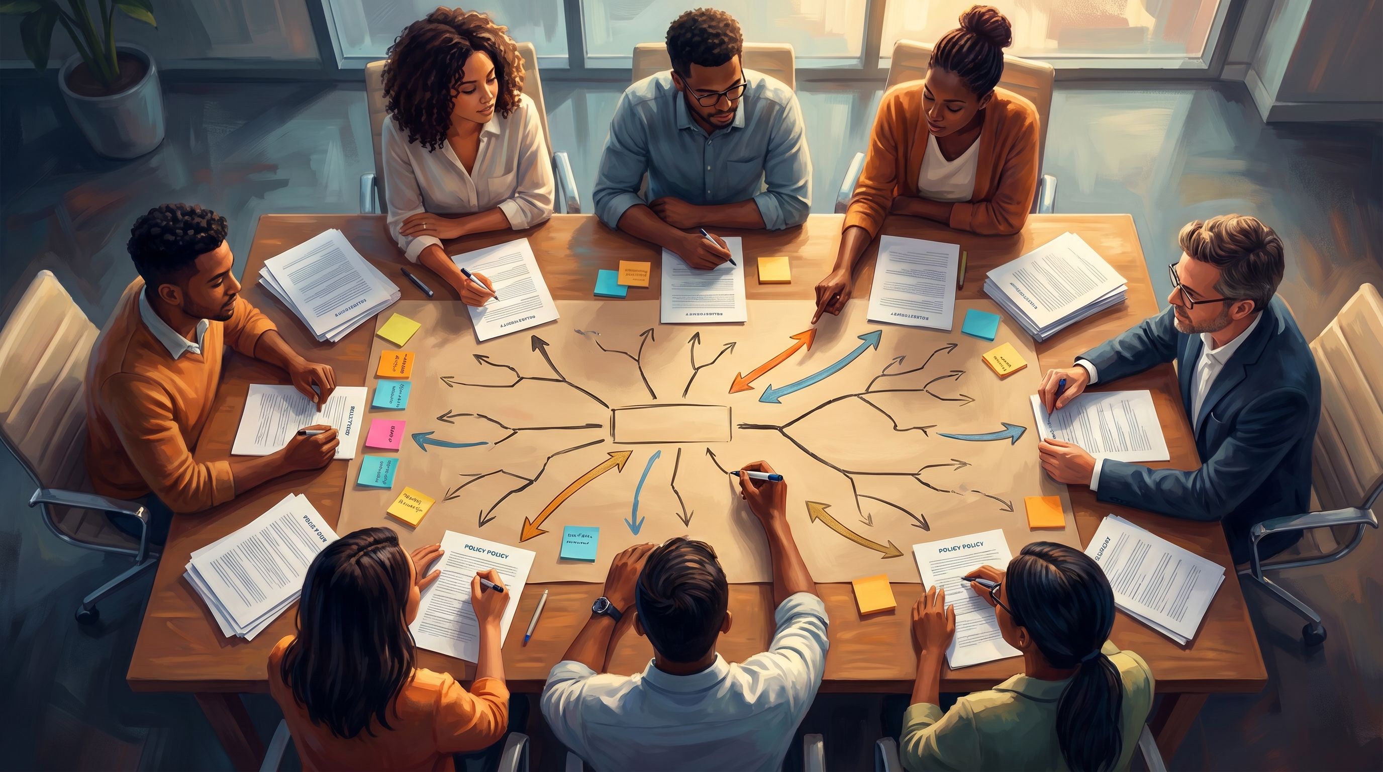 Overhead view of a diverse team in a modern office collaborating around a large table covered with p