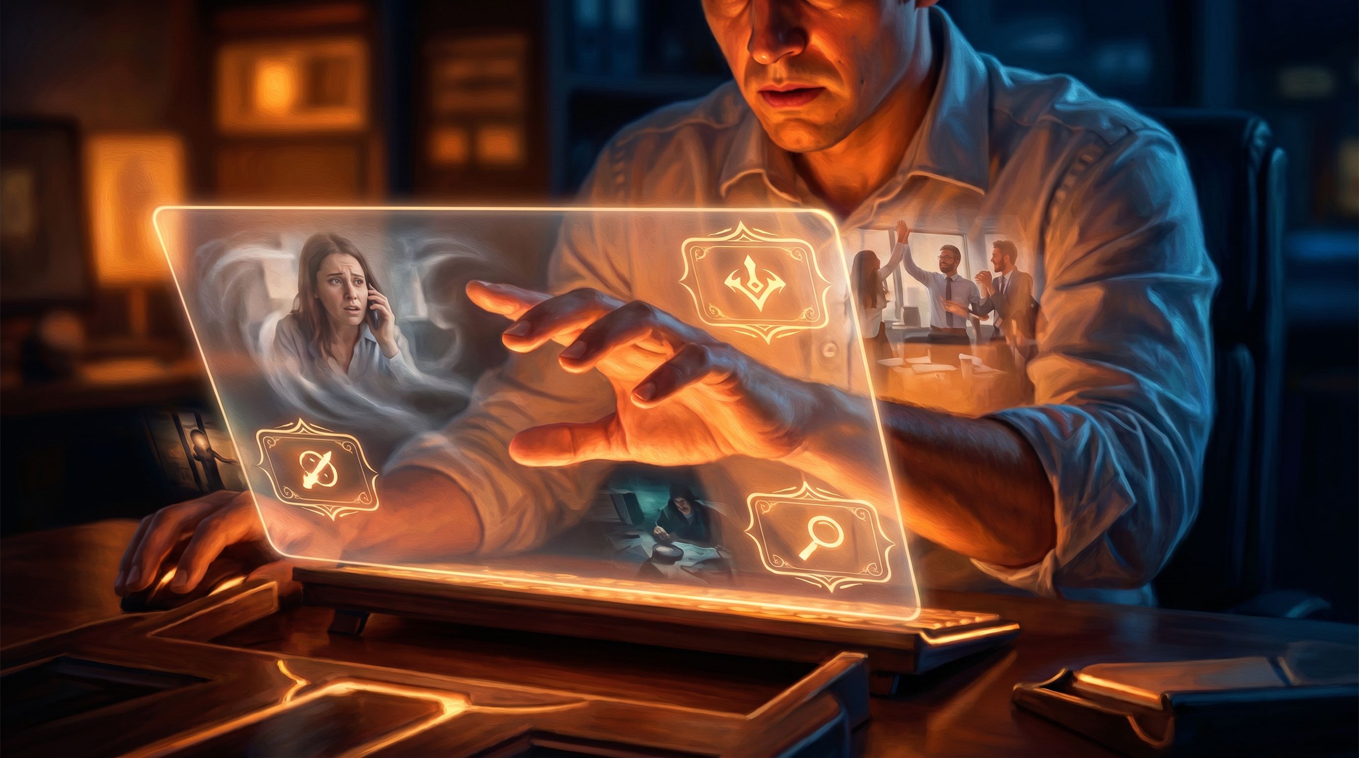 Mid-action close-up of an employee at a desk facing a semi-transparent holographic interface with mu
