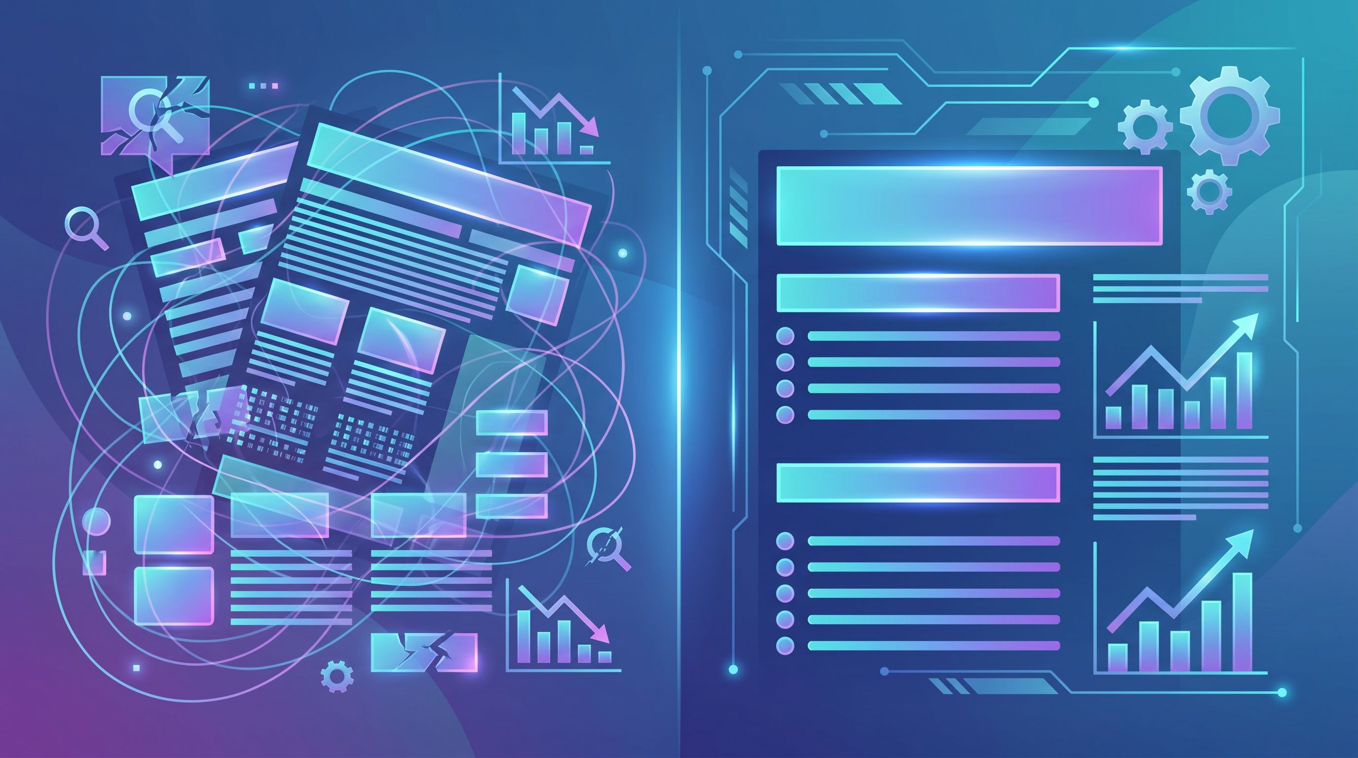 A split-screen scene showing on the left a cluttered, generic AI-generated article full of repeated