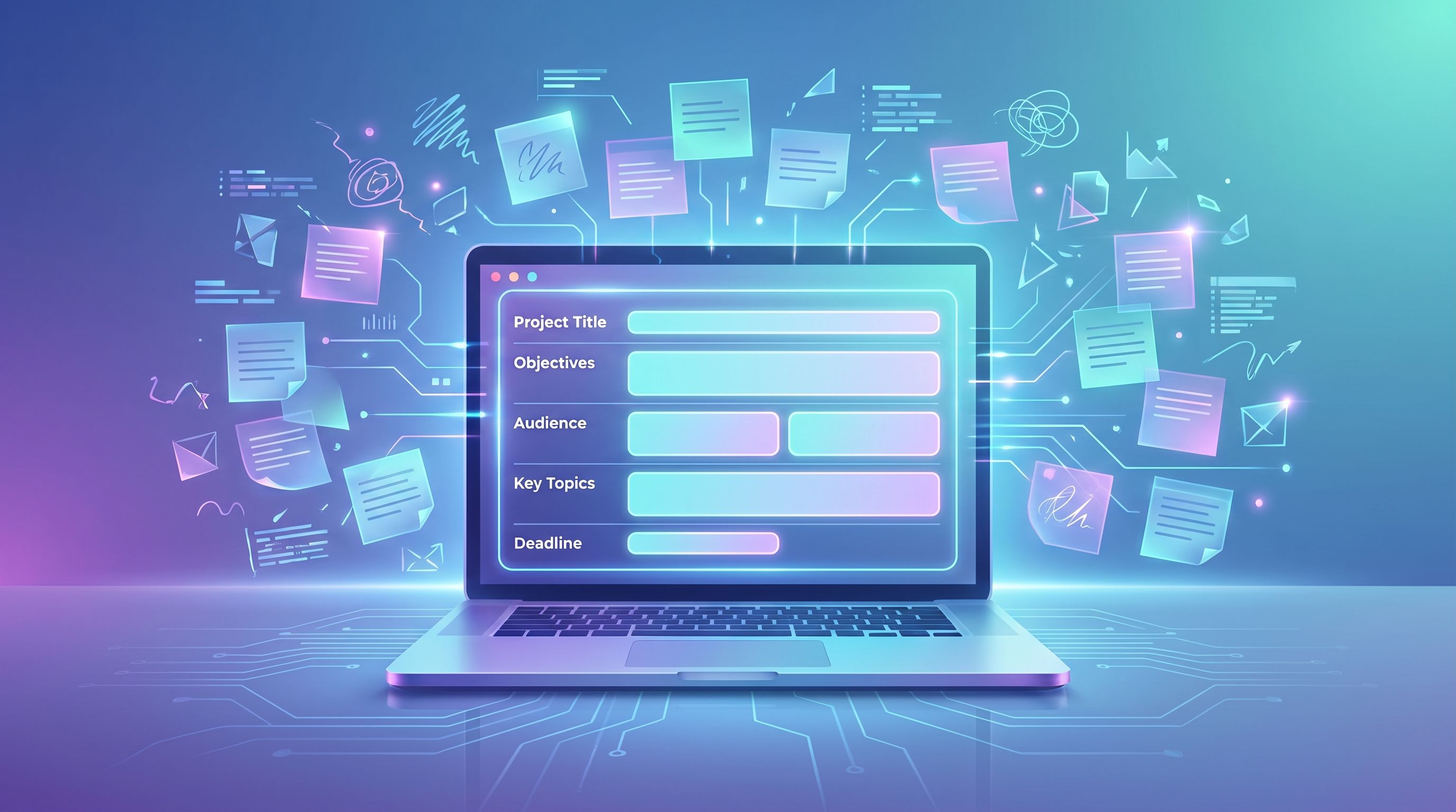A laptop screen displaying a clean one-page content brief template with highlighted sections, surrou