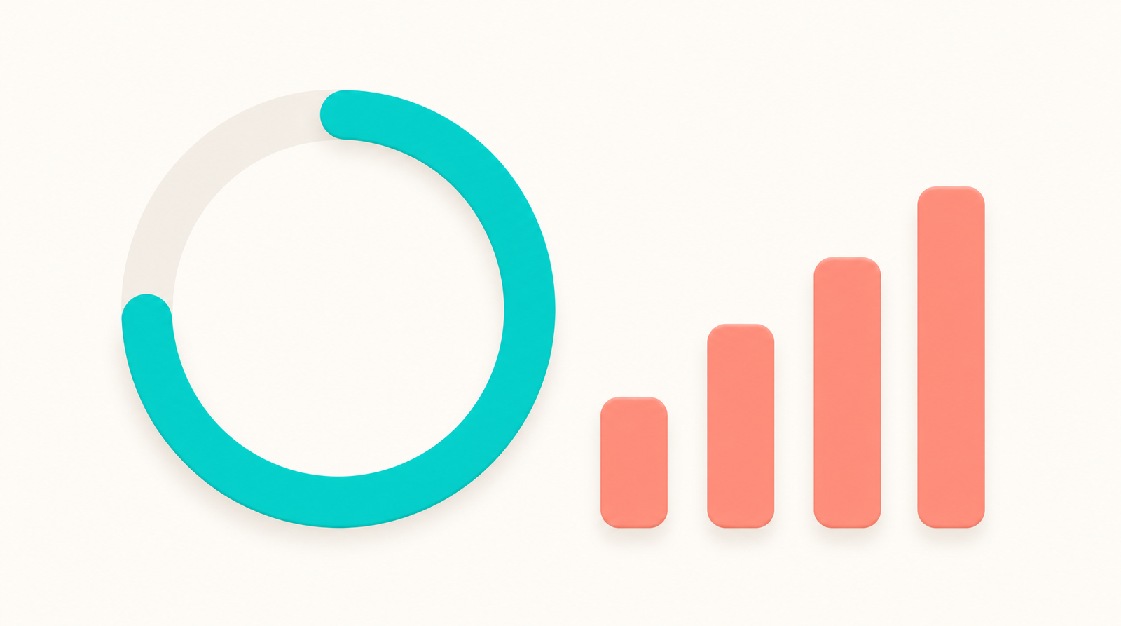 A minimalist teal circular percentage gauge beside four ascending coral bars on a clean off-white background, representing an engagement rate score rising against a benchmark