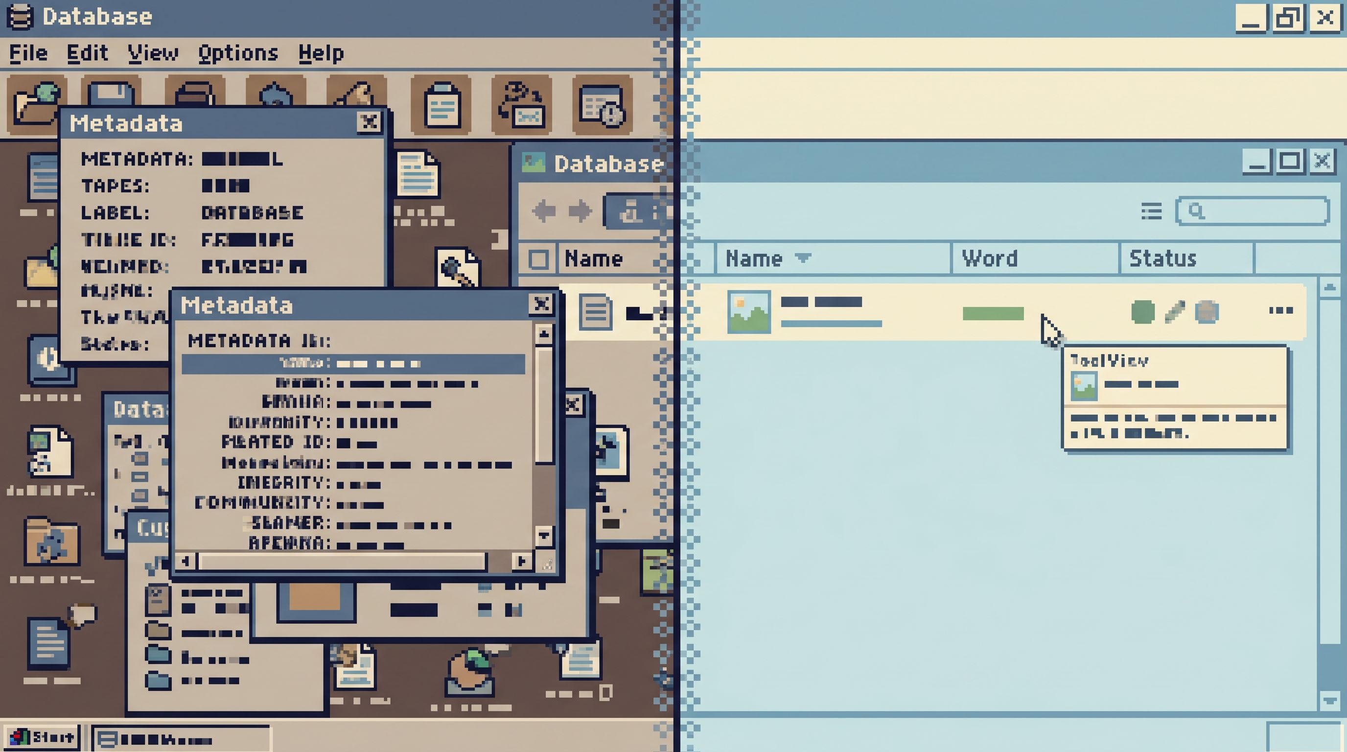 Split-screen illustration showing on the left a cluttered database UI with many overlapping panels a