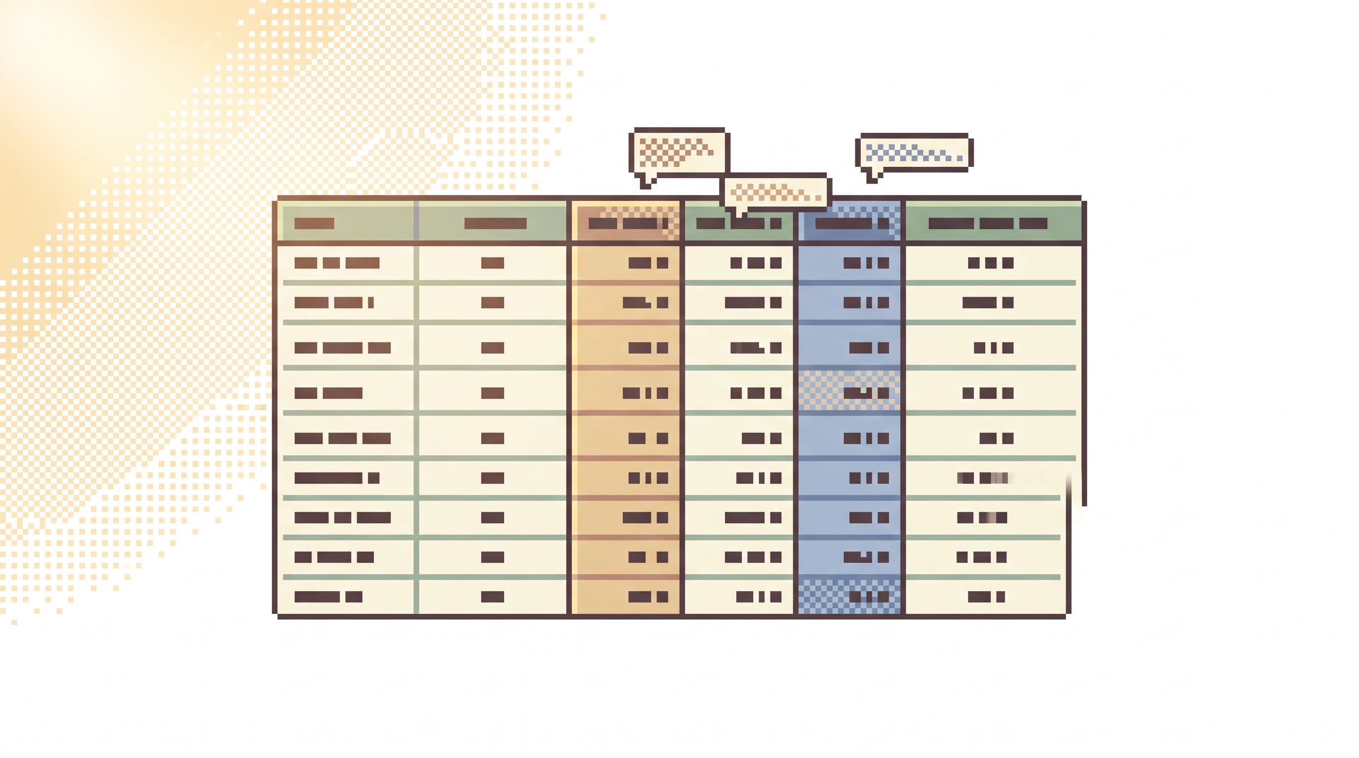 Minimal, airy UI showing a single table of database rows with a few softly highlighted key columns,