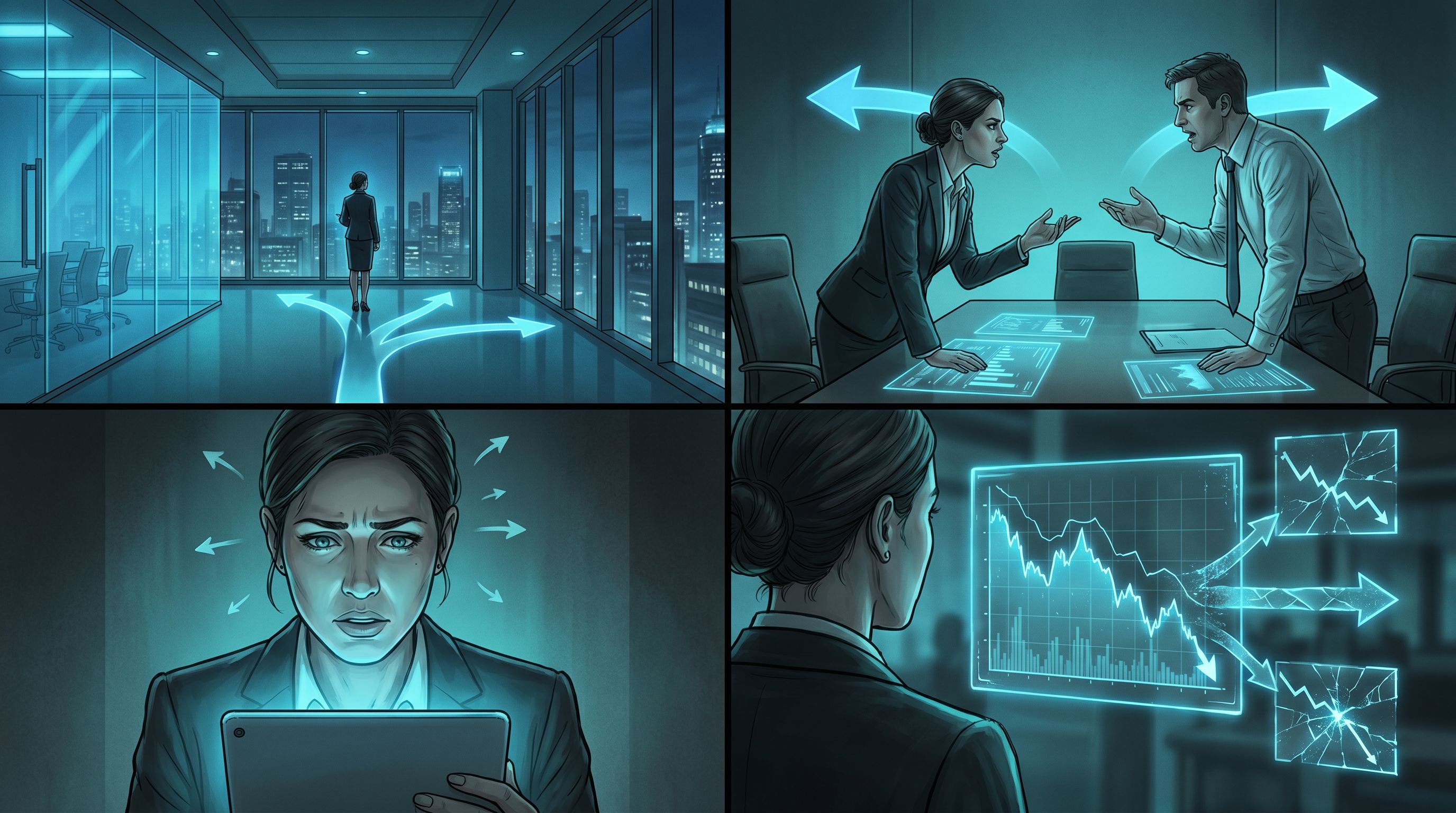 Storyboard-style panel grid showing the same main character in consistent style across different sho