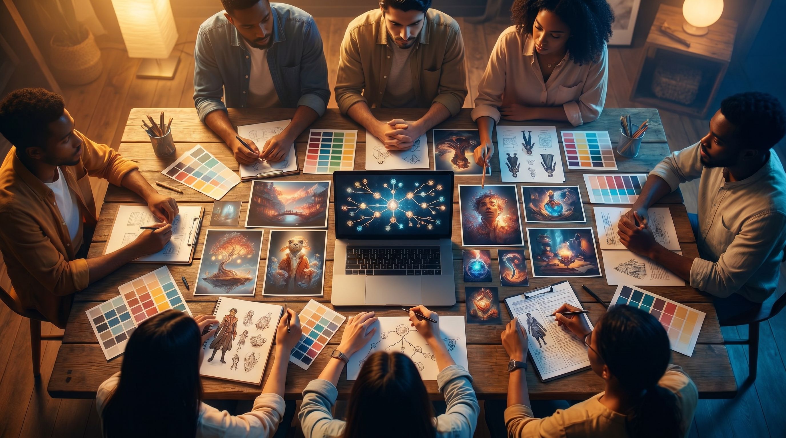 Overhead view of a creative team gathered around a large table covered in printed AI-generated image
