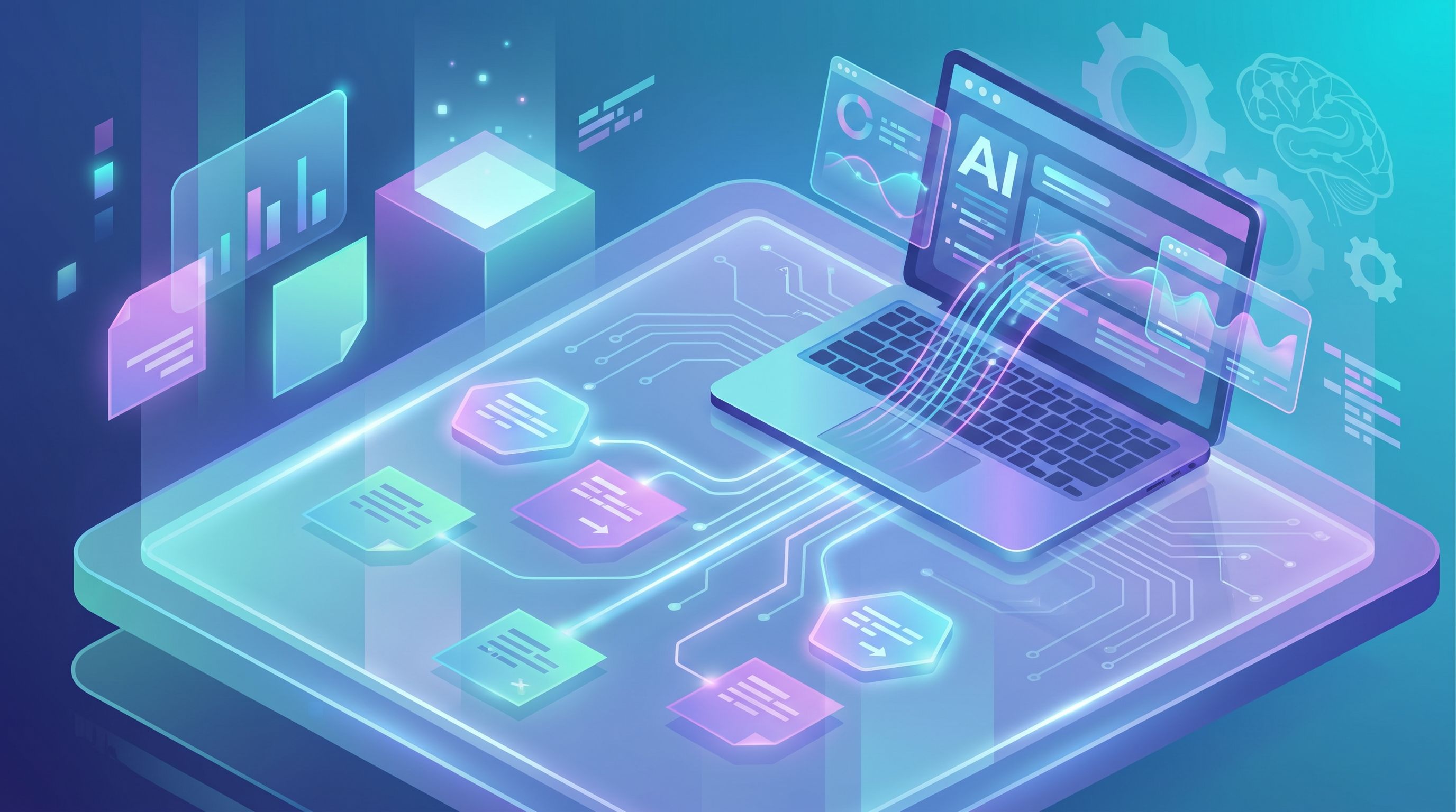 Isometric view of a content strategist’s desk with a laptop showing an AI content calendar interface