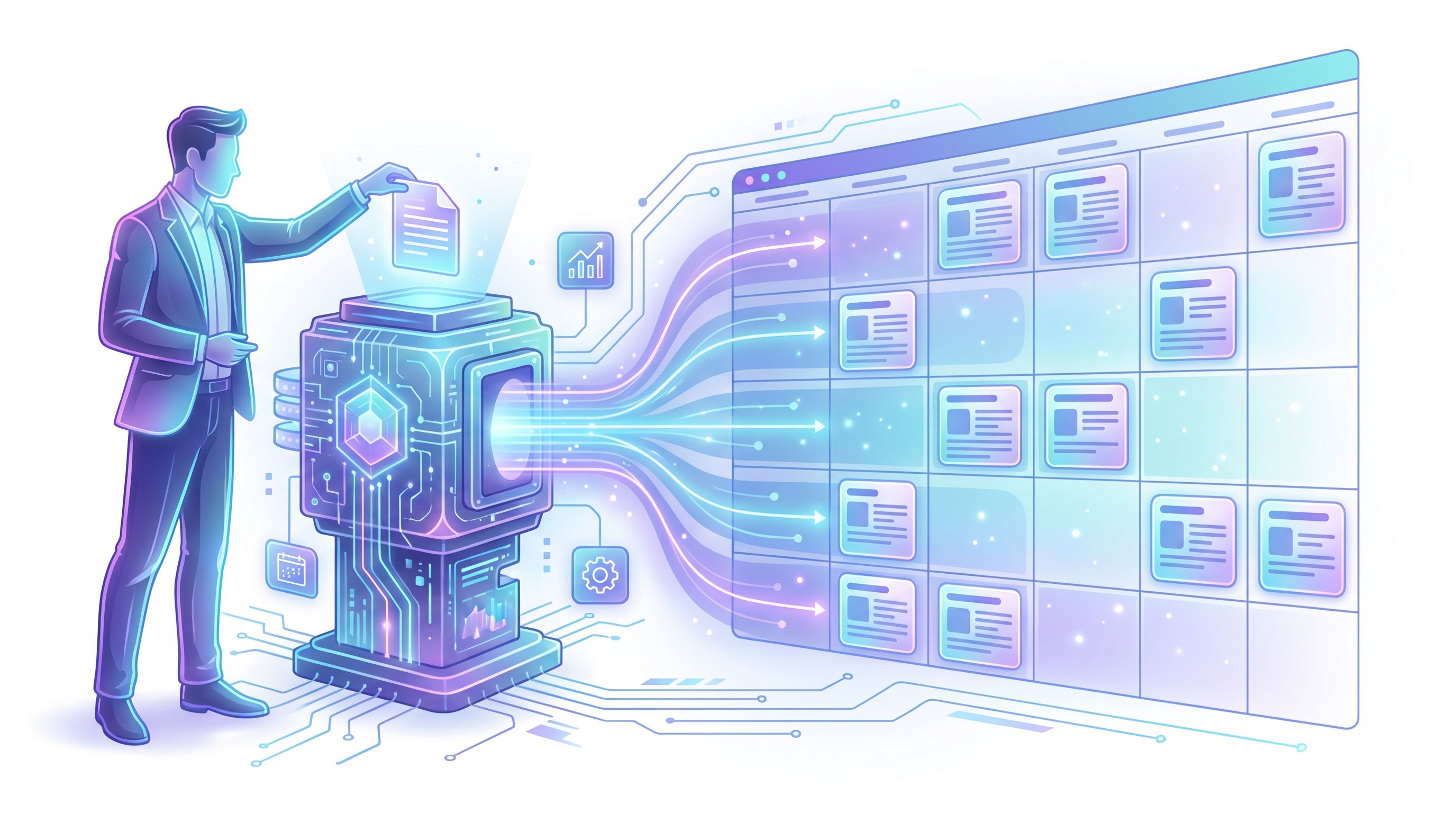 Wide header-style illustration of a business marketer dropping a single document into an AI-powered
