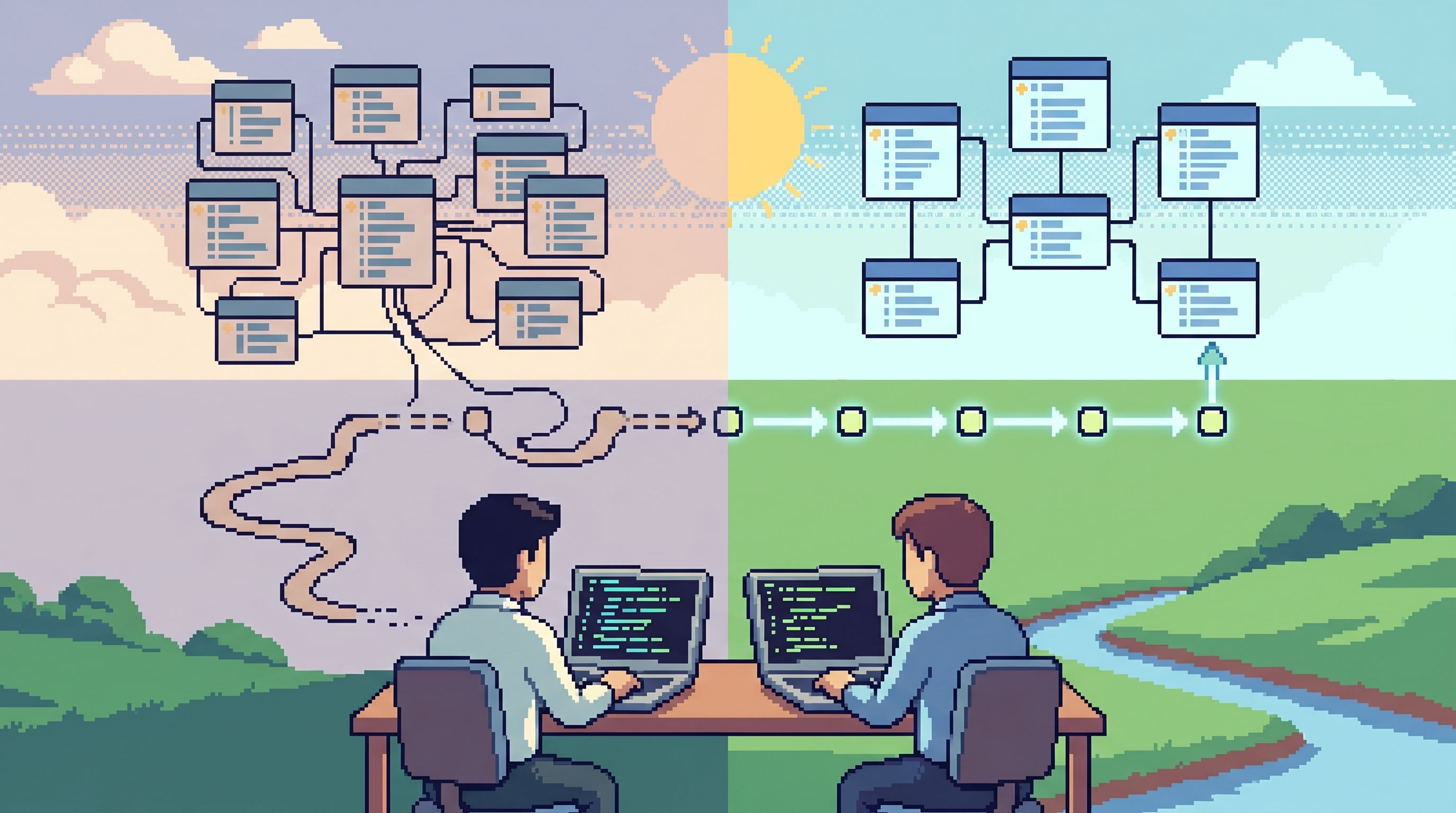 split-screen visualization of a database before and after migration, left side with older schema box