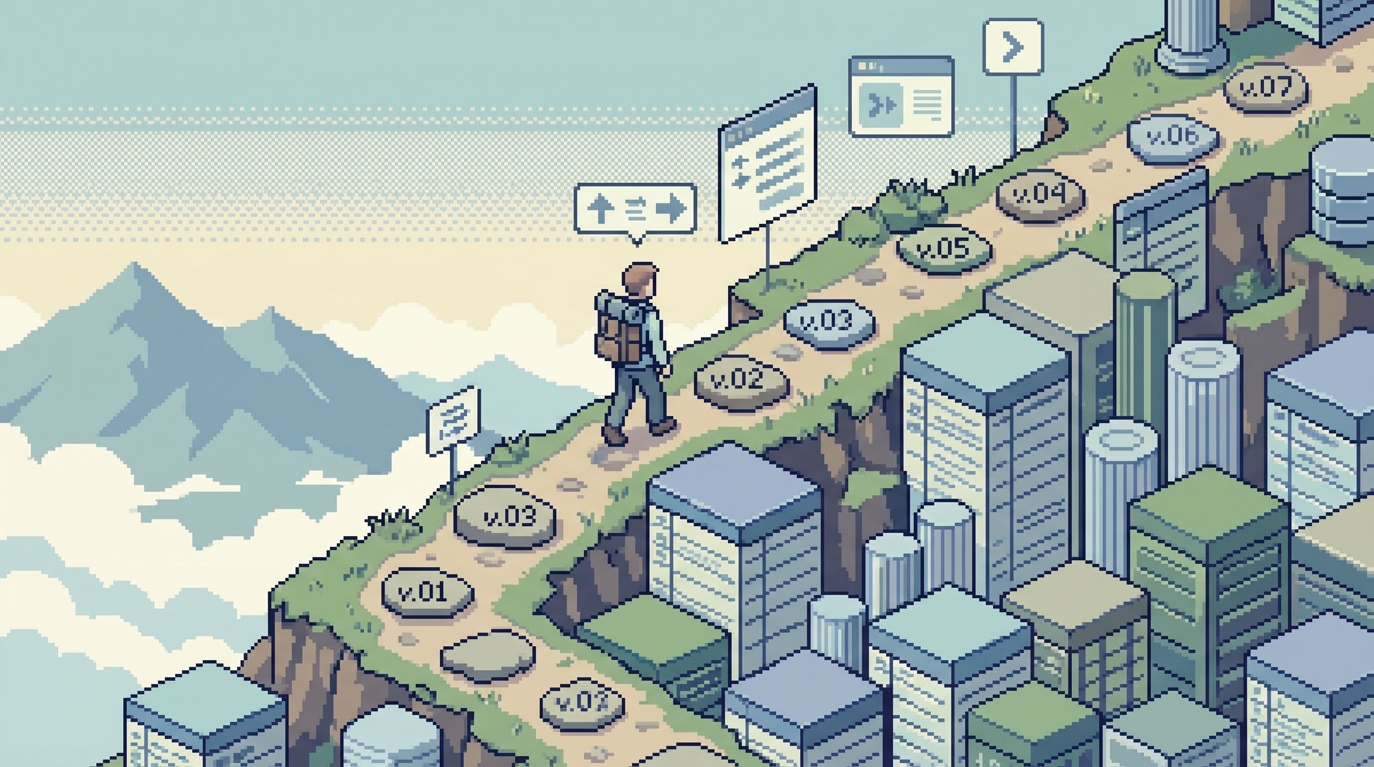 isometric illustration of a mountain trail made of database tables and columns, with a calm hiker fo