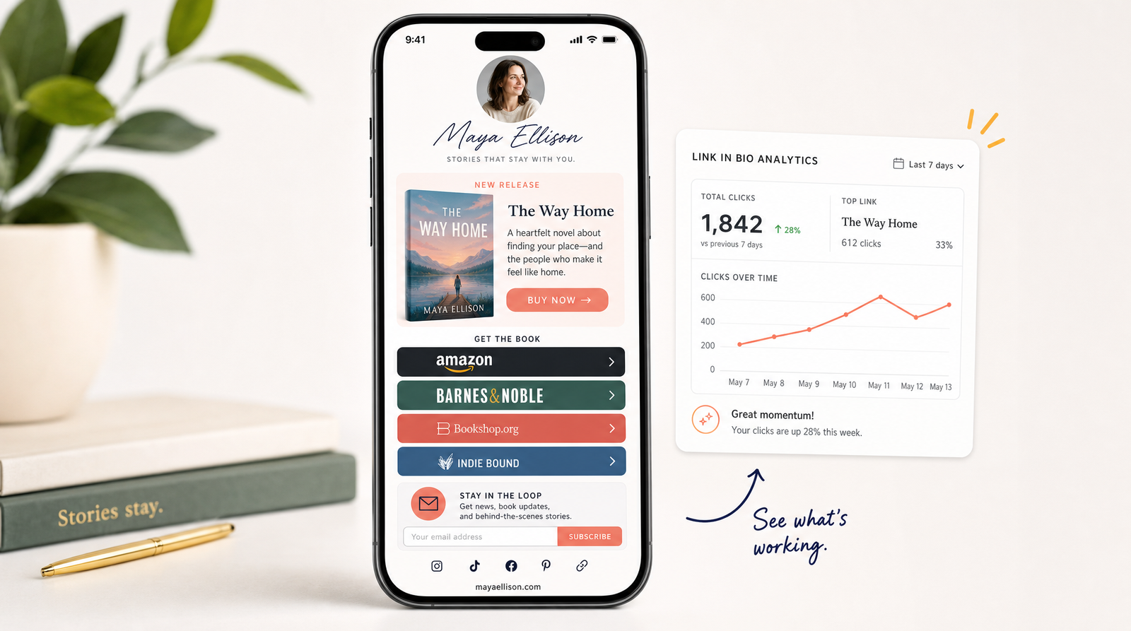 A smartphone showing a clean link-in-bio page for an author with a featured new-release book at the top, followed by neat buttons for bookstores and a newsletter signup, and a small analytics chart floating beside it
