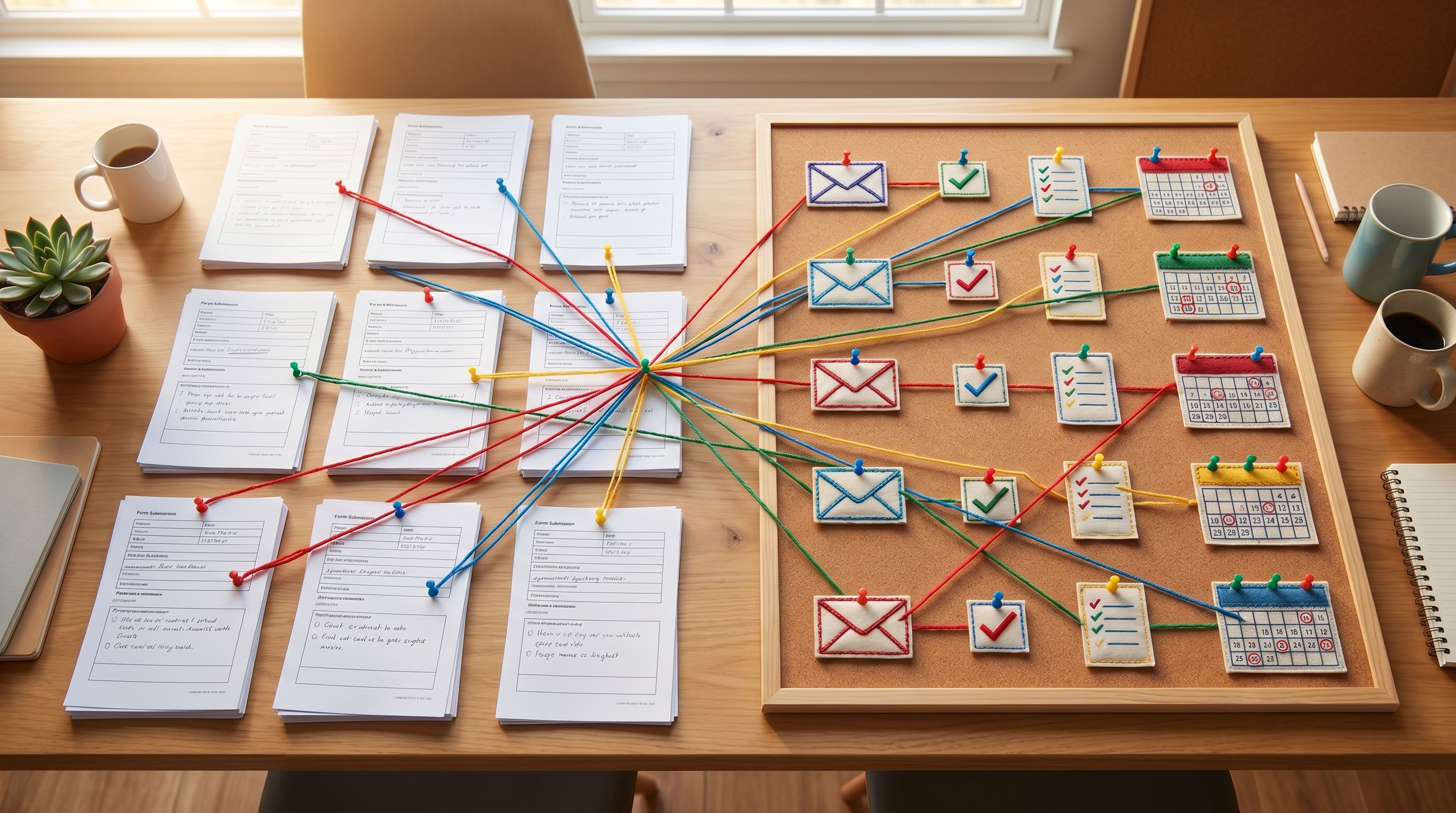 Overhead view of a collaborative workspace table where printed form submissions are laid out, each c