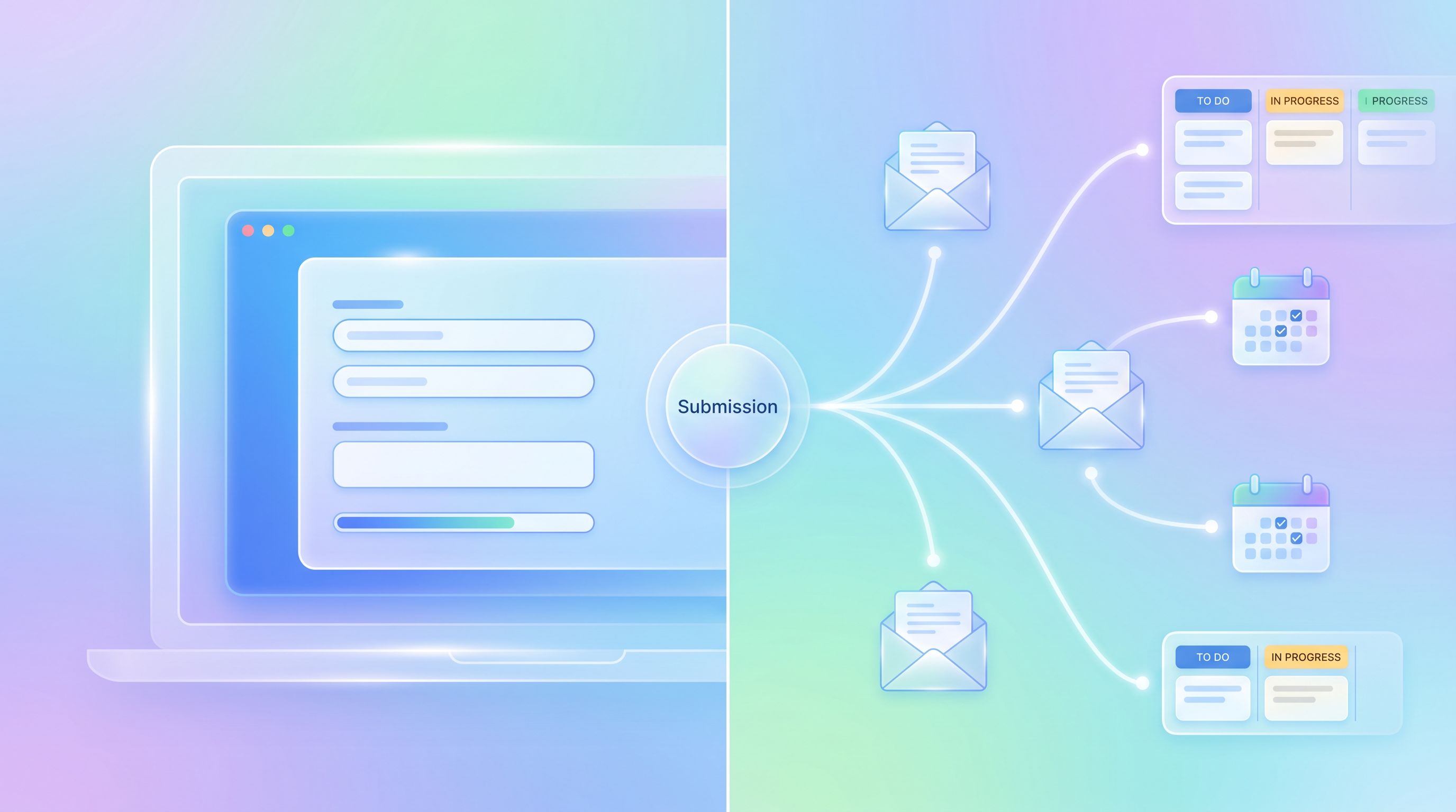 Split-screen digital illustration showing on the left a sleek Ezpa.ge-style form on a laptop screen,
