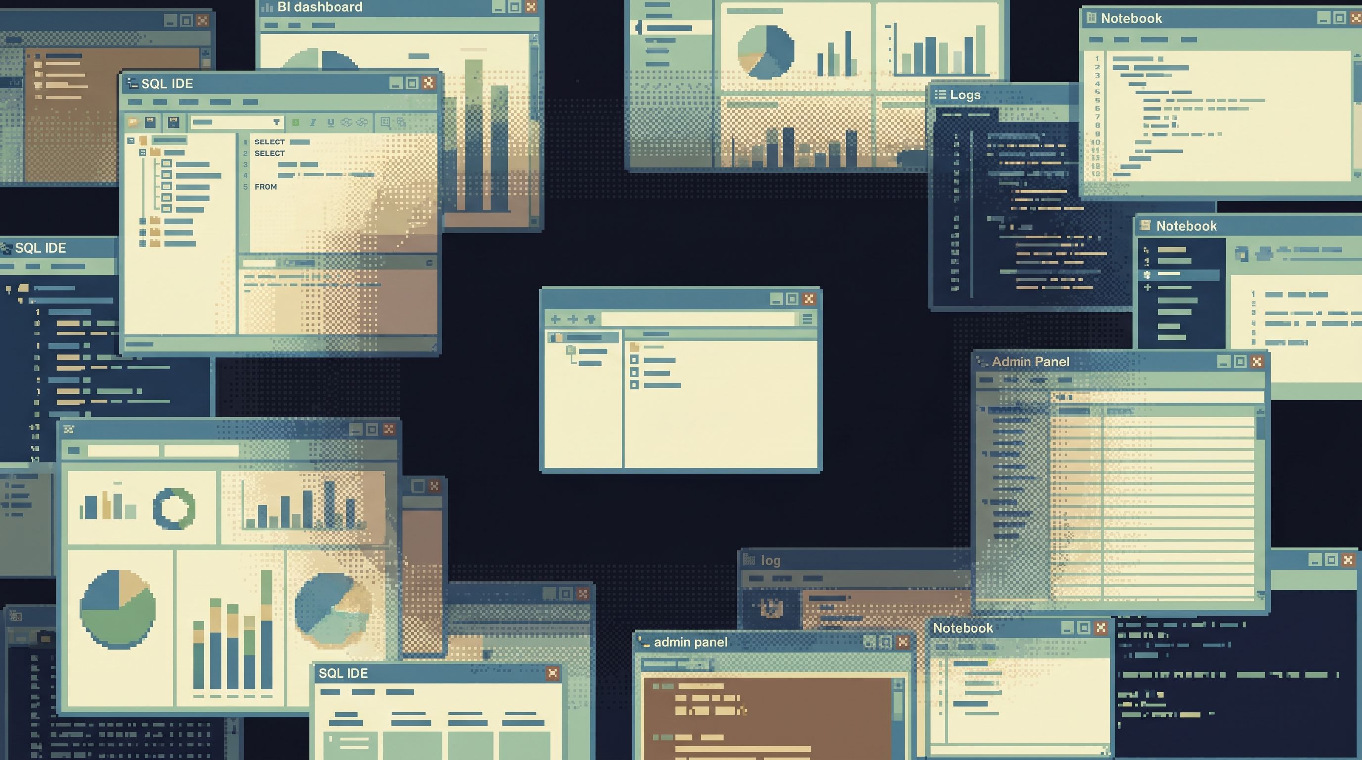 Overhead view of a cluttered digital workspace with many overlapping translucent windows labeled wit