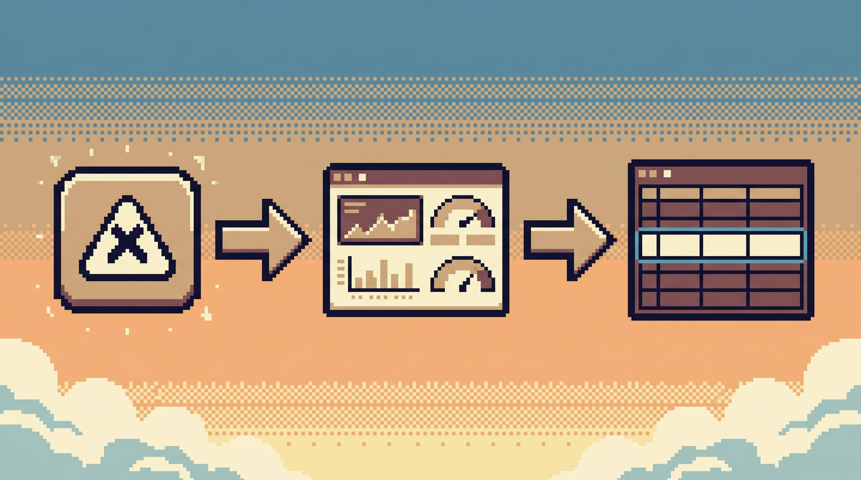 Linear flow diagram rendered as a calm interface: an alert panel on the left leading via a simple ar