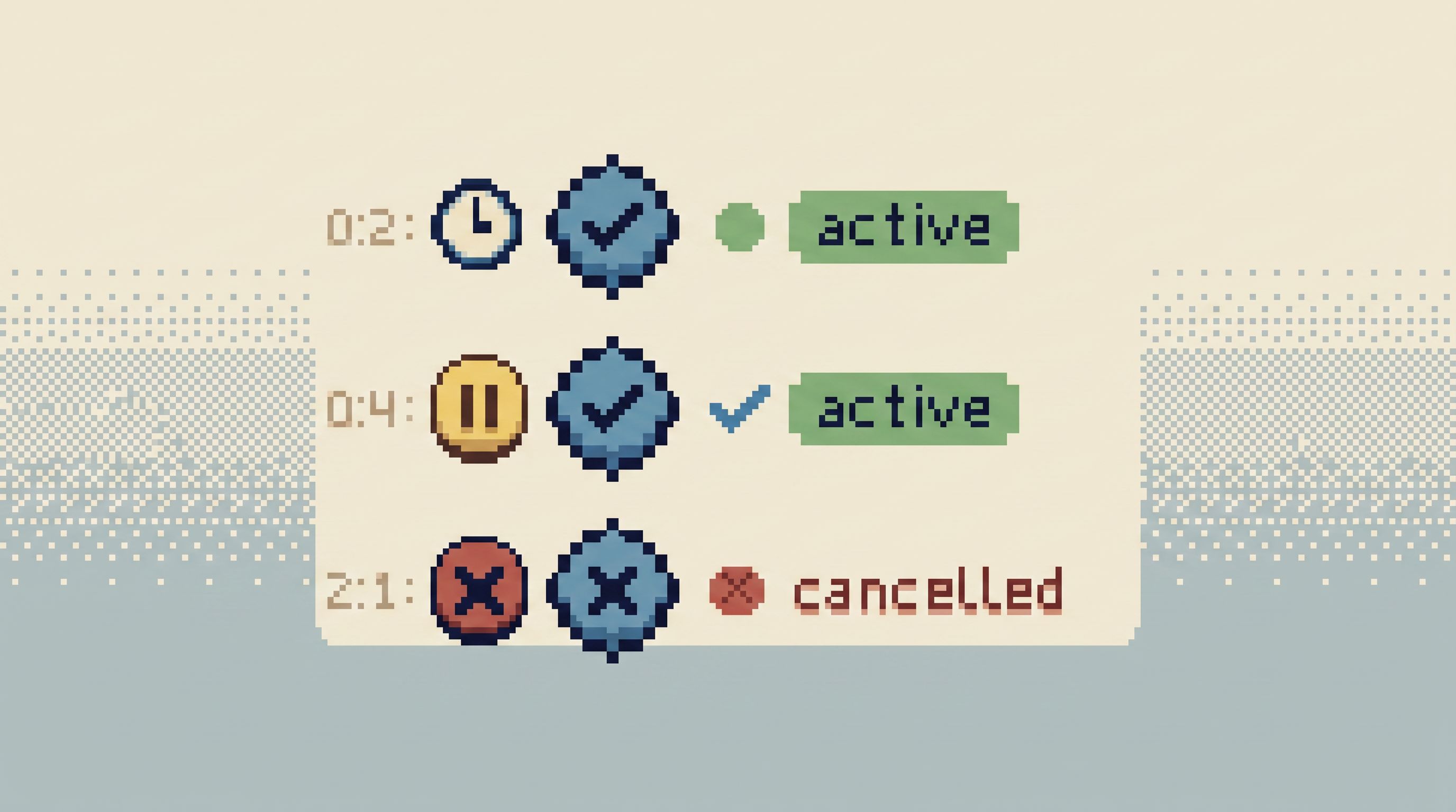a calm, minimal interface showing a single user’s subscription timeline as a vertical list of states