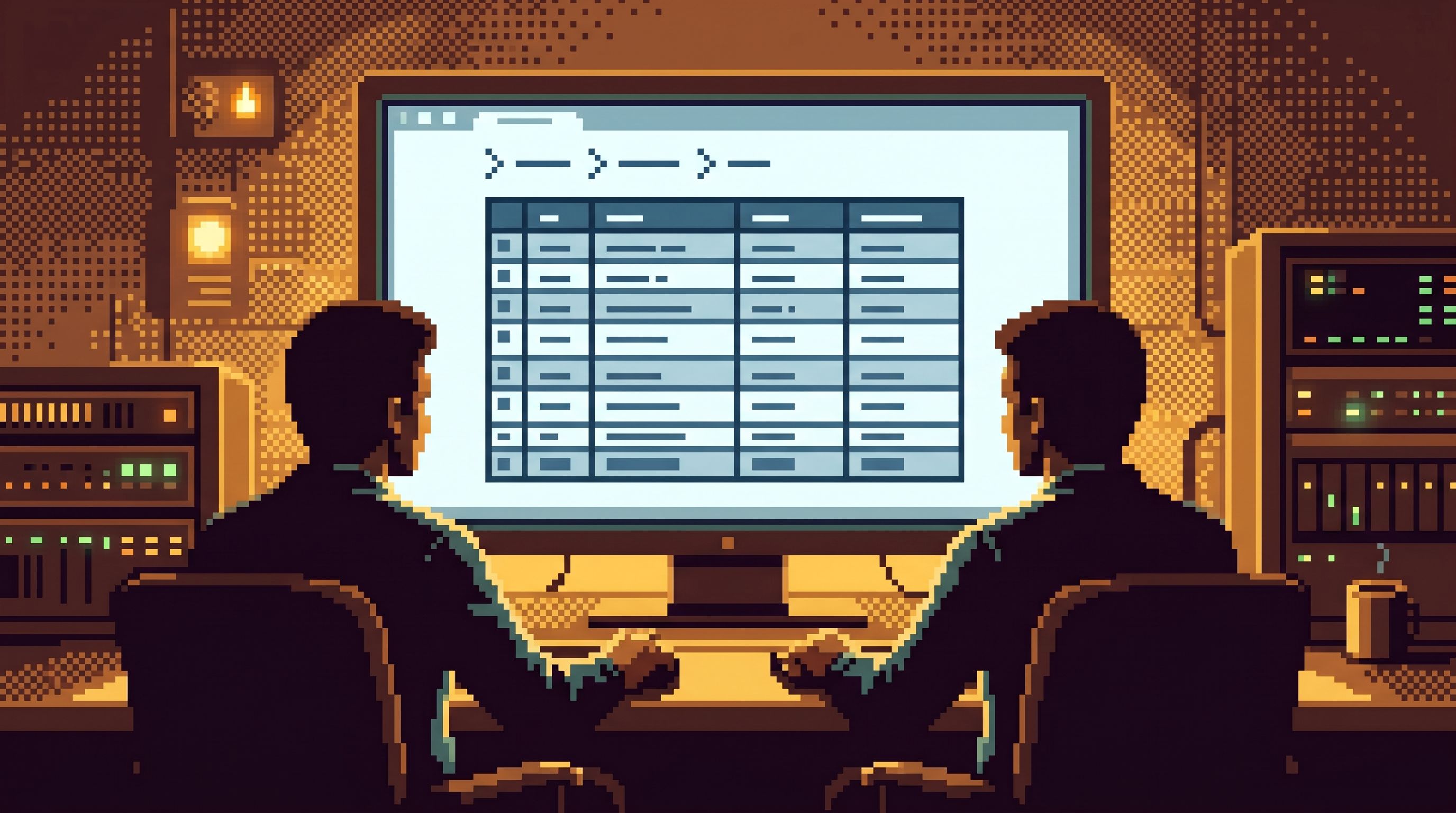 two engineers in a dimly lit operations room sharing a single large monitor that displays a clean, m
