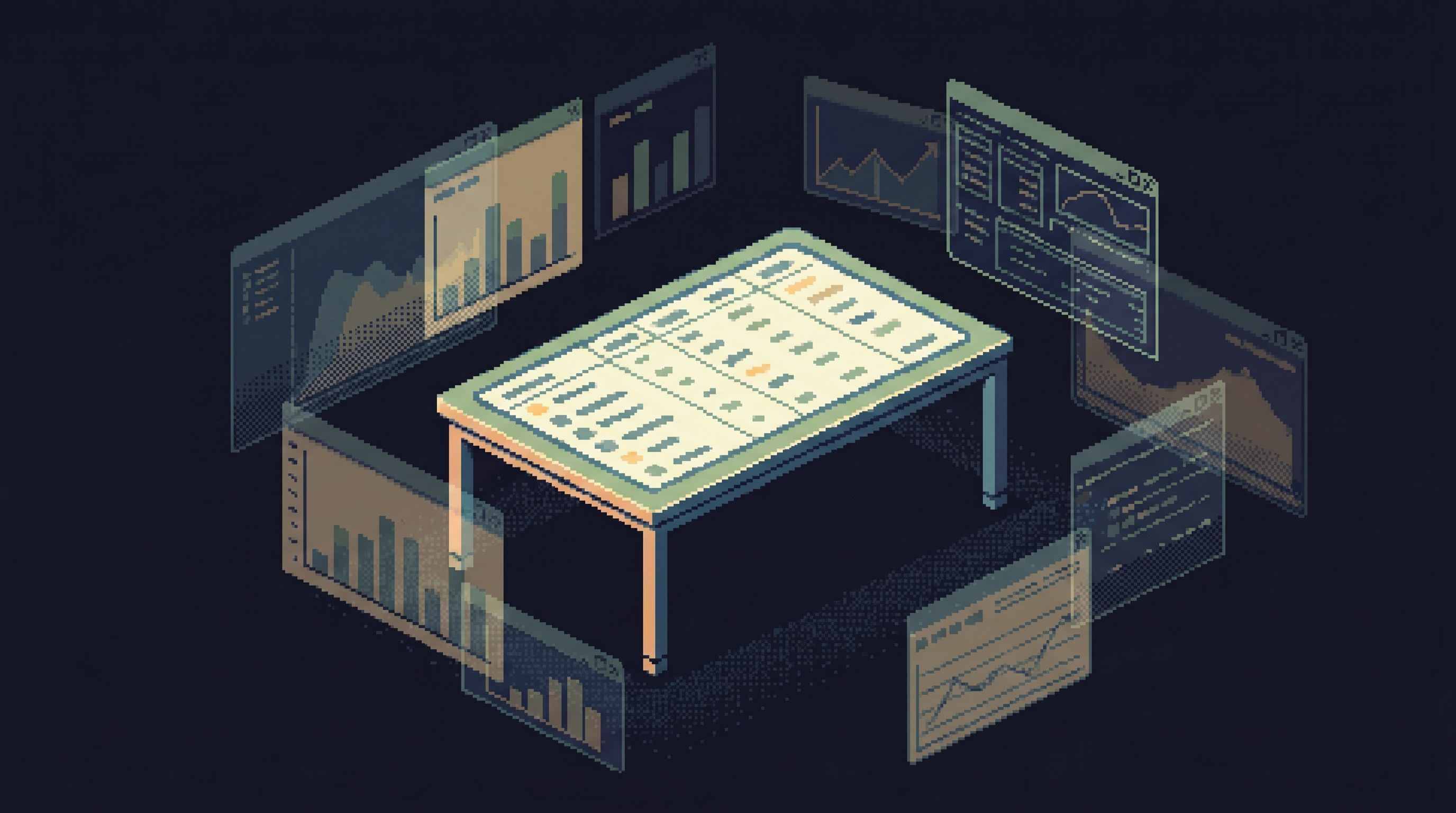 a minimalist interface with a single central table view on a dark, uncluttered background, surrounde