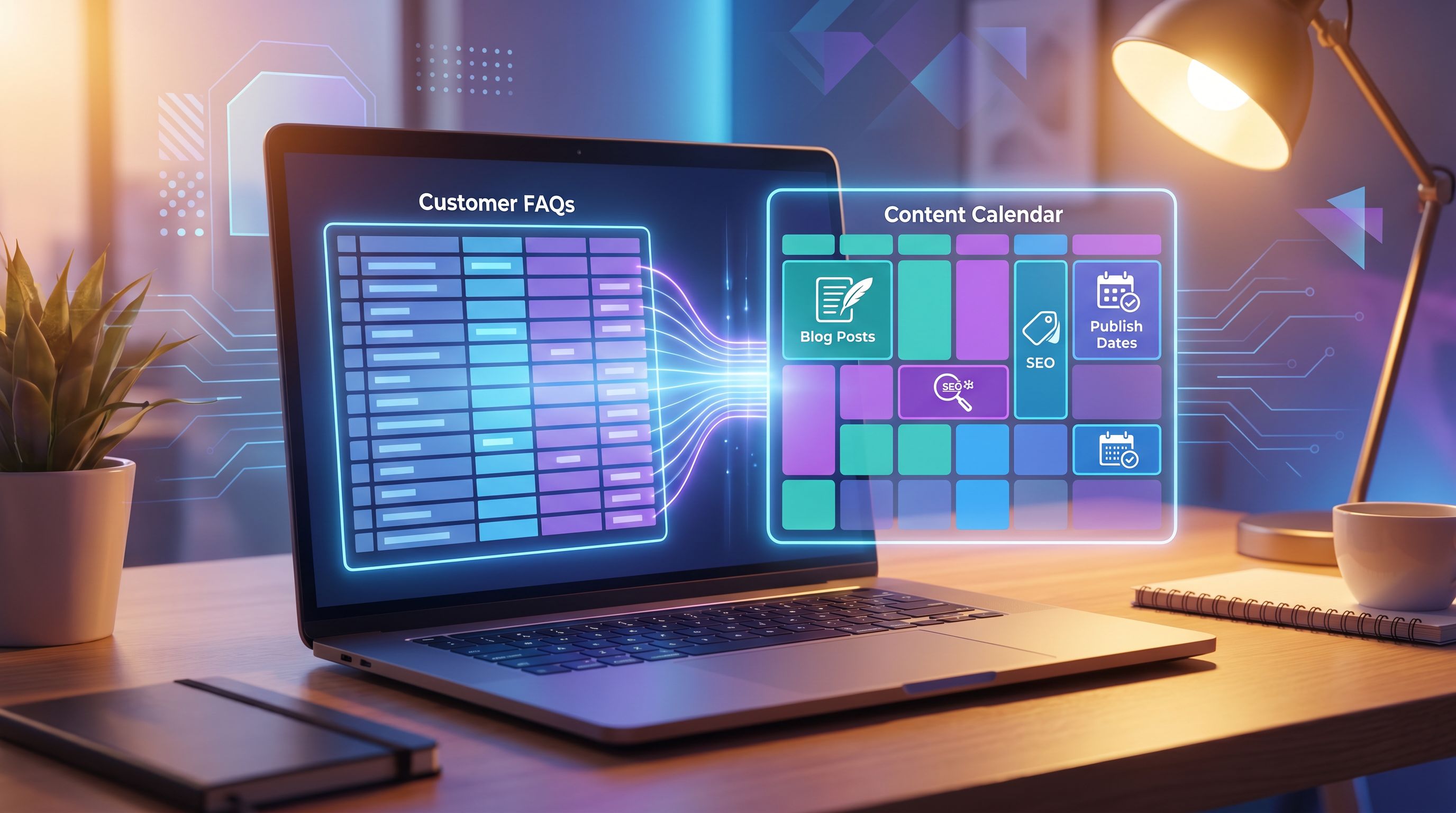 a laptop screen showing an AI interface transforming a spreadsheet of customer FAQs into a color-cod