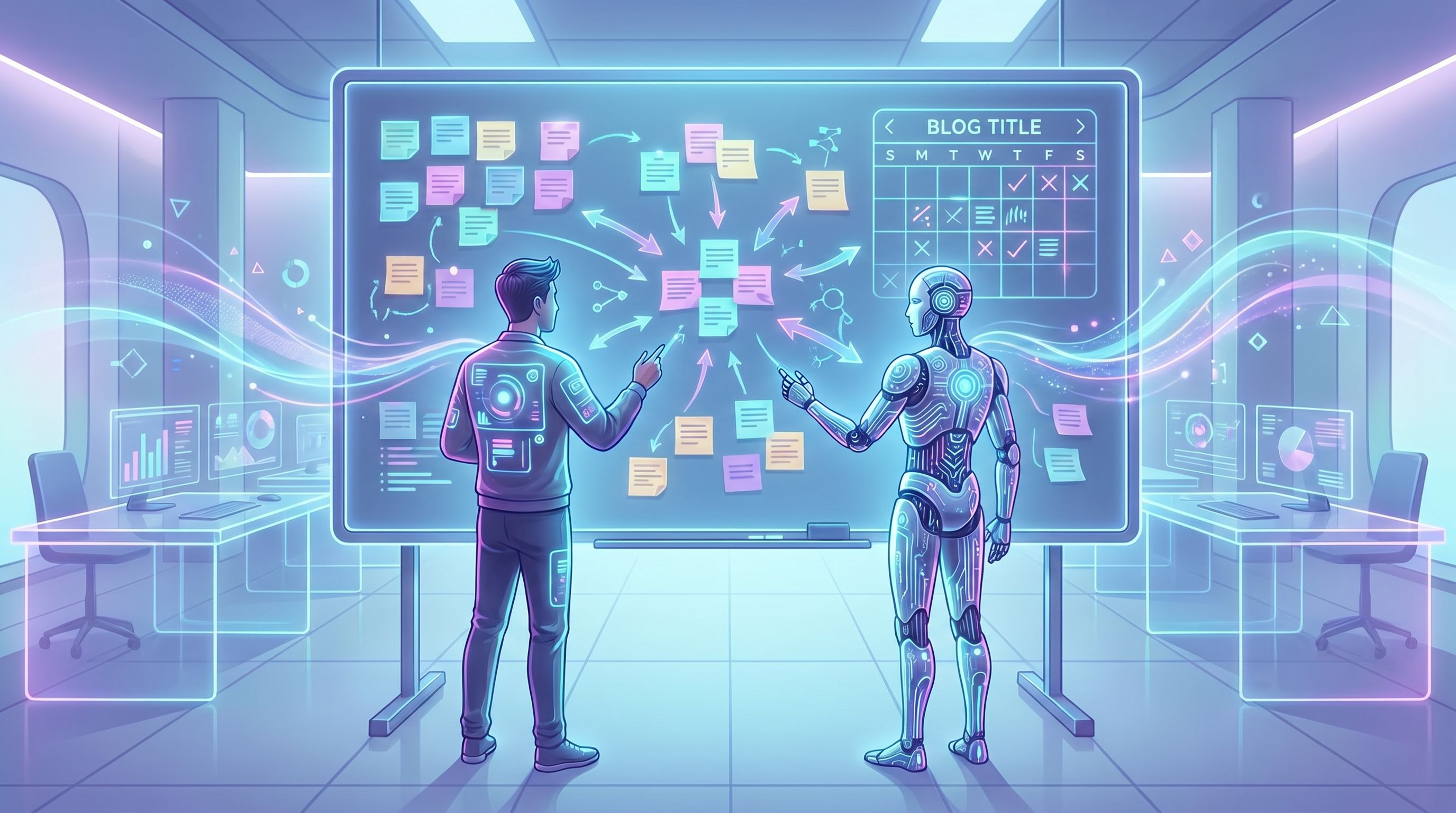 a content strategist and AI assistant standing in front of a giant whiteboard filled with sticky not
