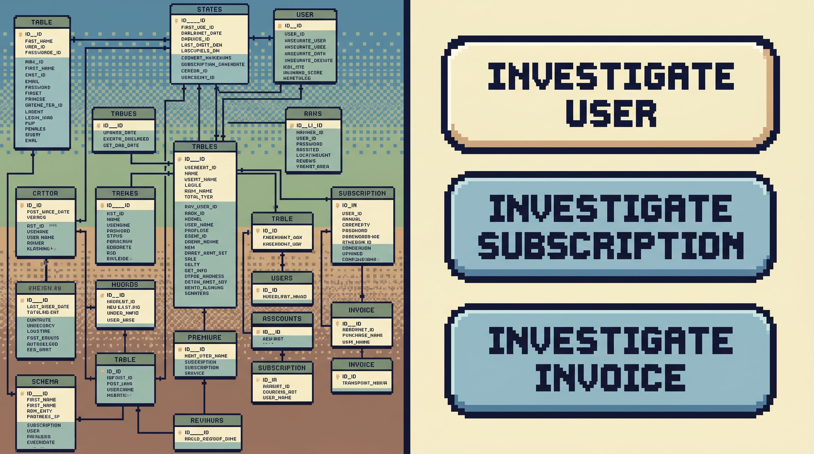 a split-screen concept image showing on the left a dense schema tree with many tables and tiny text,