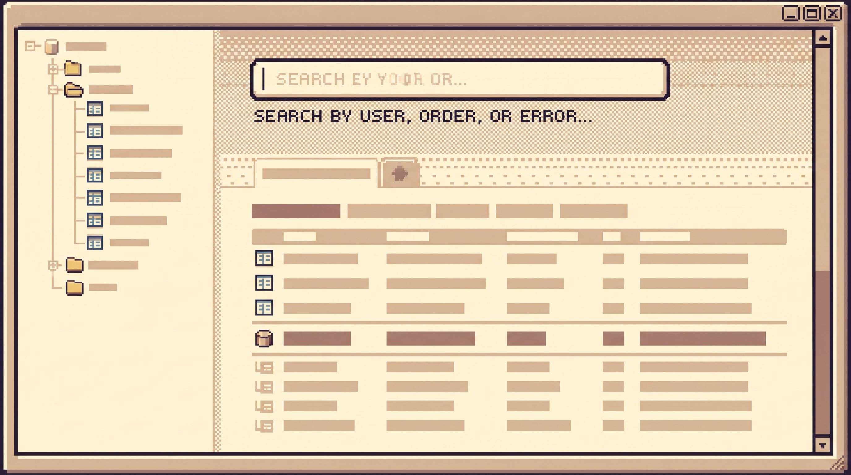 a clean, minimal UI mock of a database browser with a single prominent global search bar labeled wit