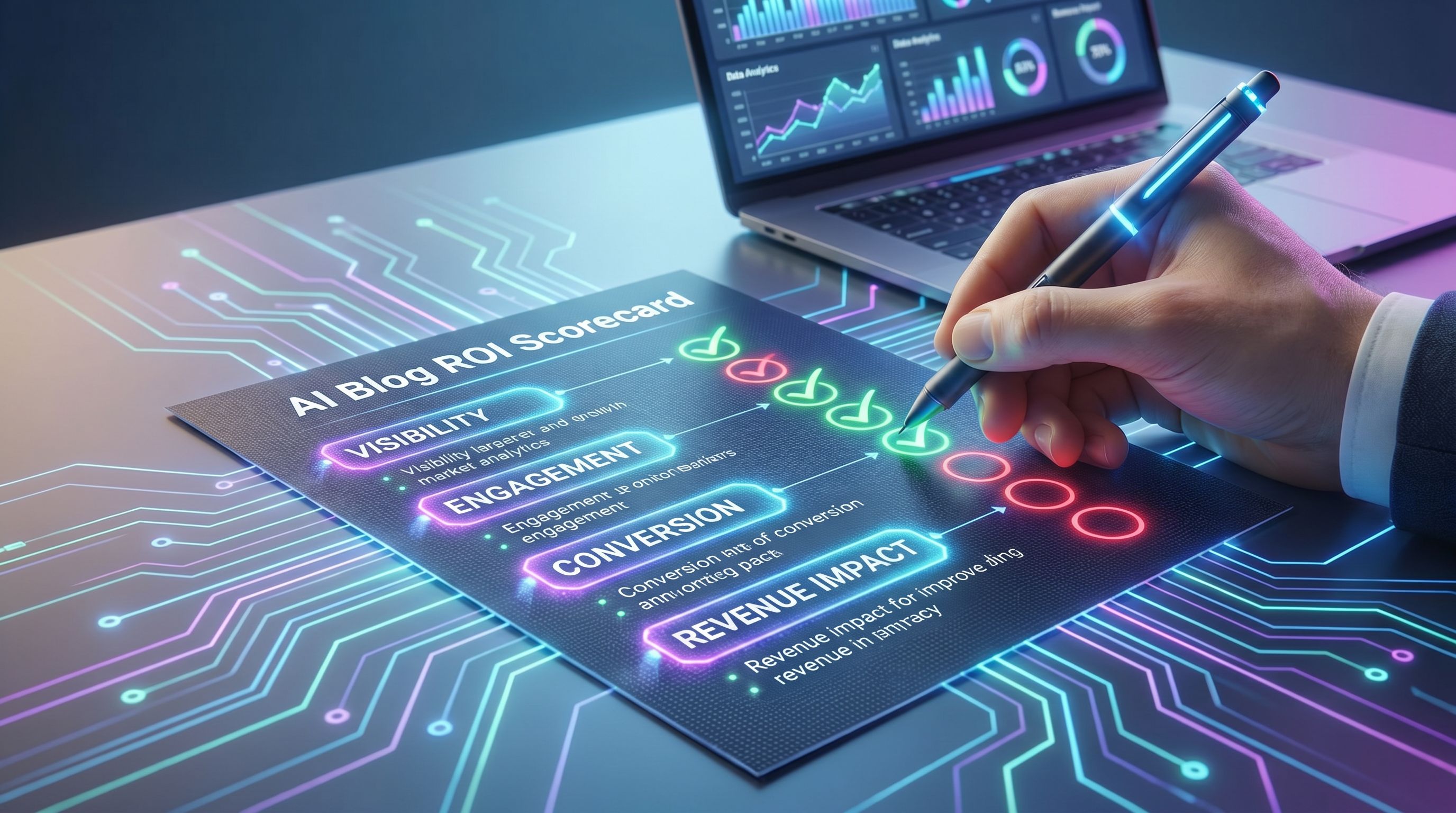 Close-up of a printed scorecard on a desk titled “AI Blog ROI Scorecard” with four sections highligh