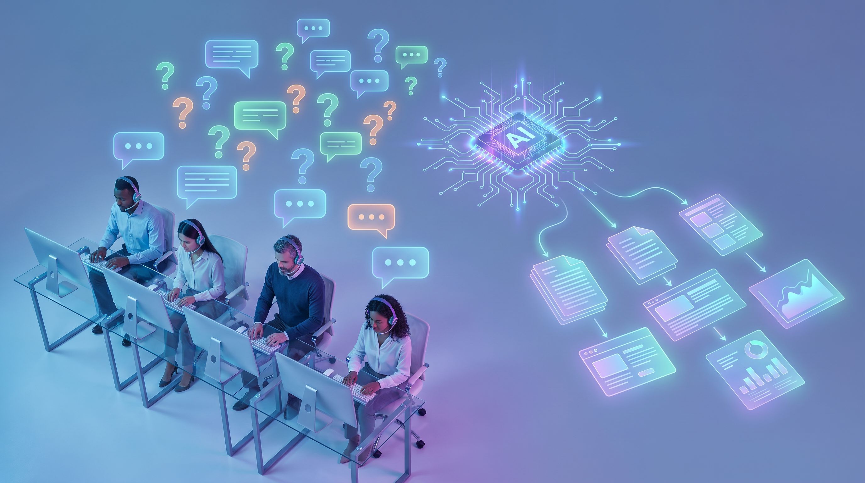 an overhead scene of a support team at computers, colorful chat bubbles and question marks floating