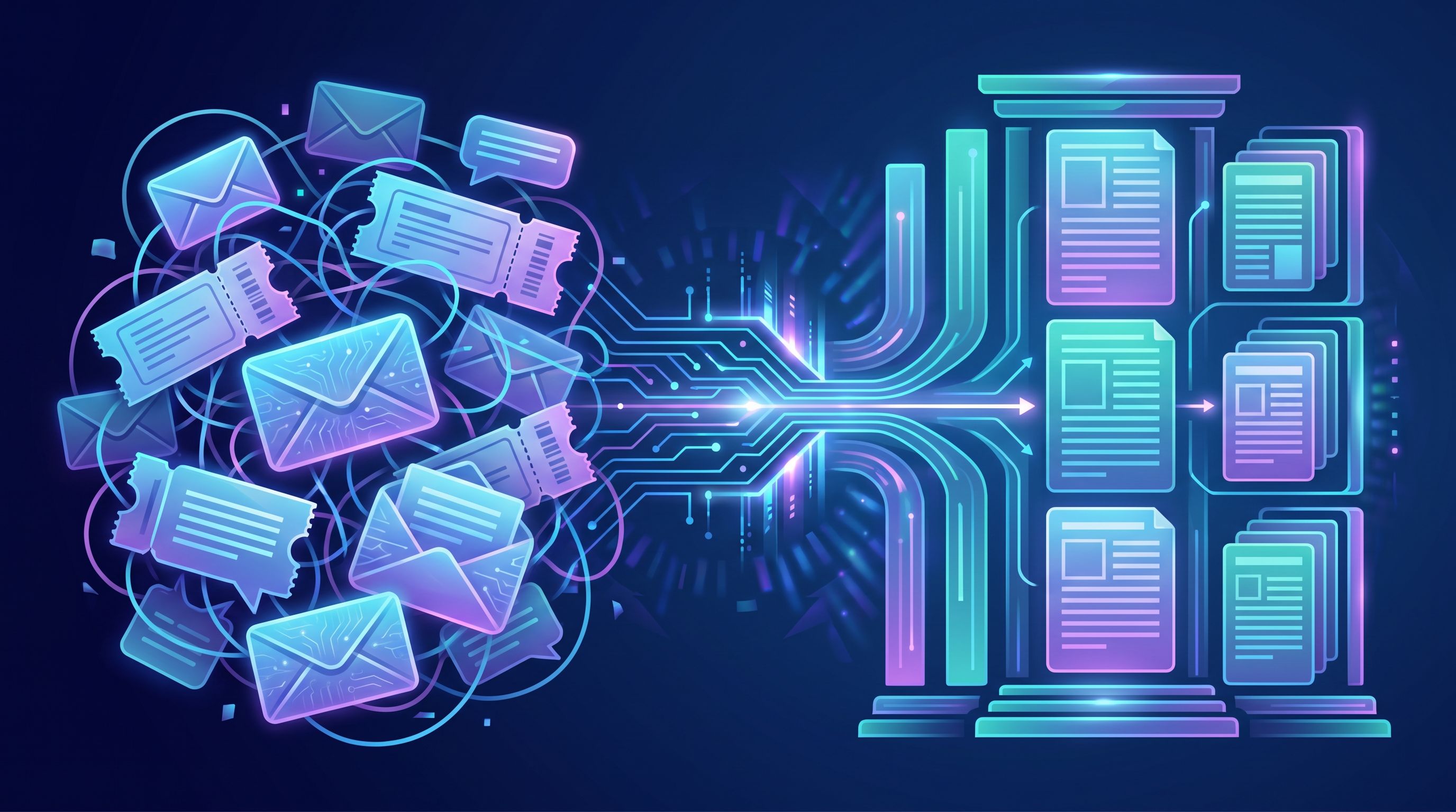 a split-screen illustration showing on the left a chaotic inbox of emails, tickets, and chat bubbles