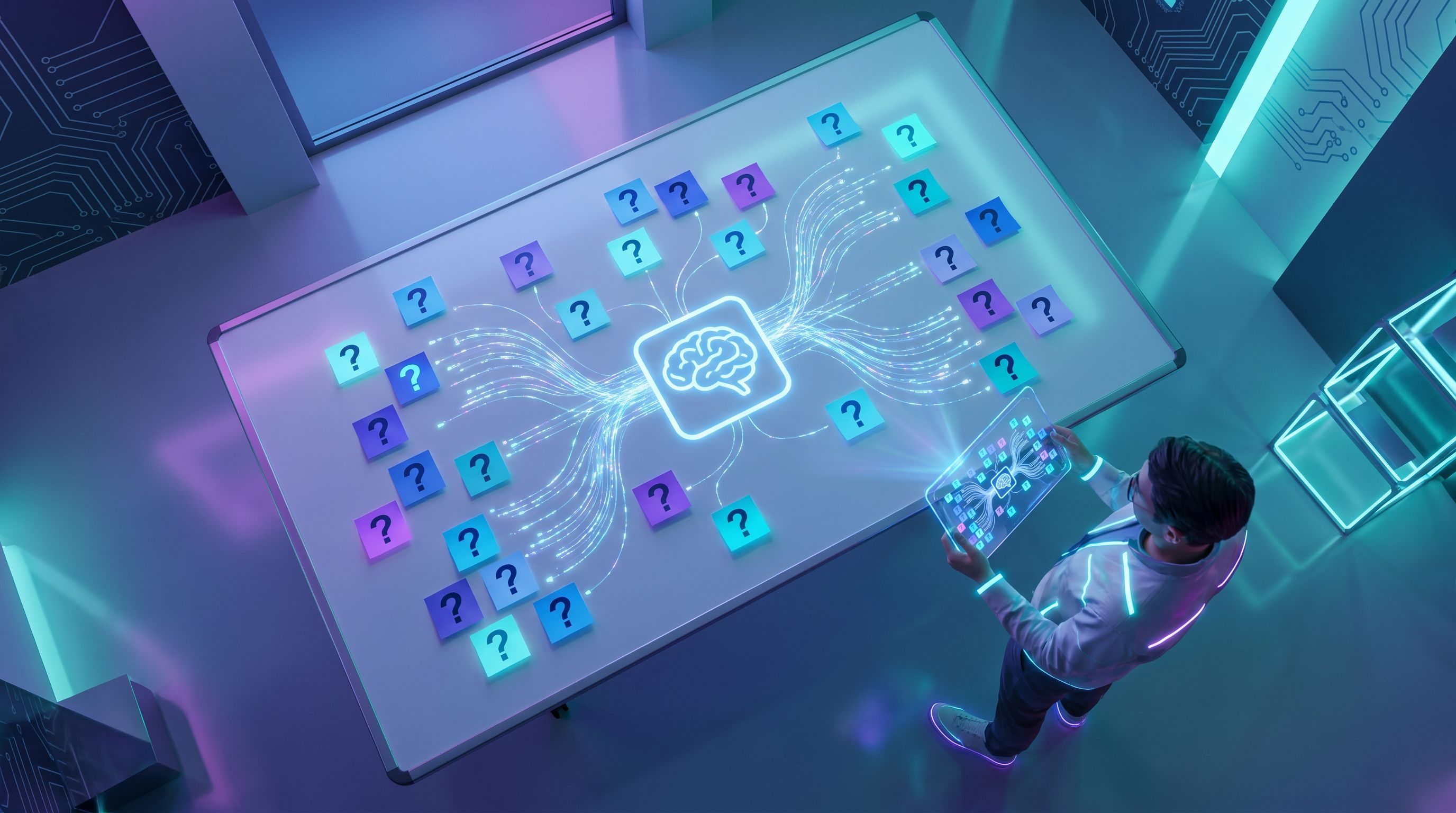 Overhead view of a large whiteboard with a central keyword in the middle, surrounded by dozens of co