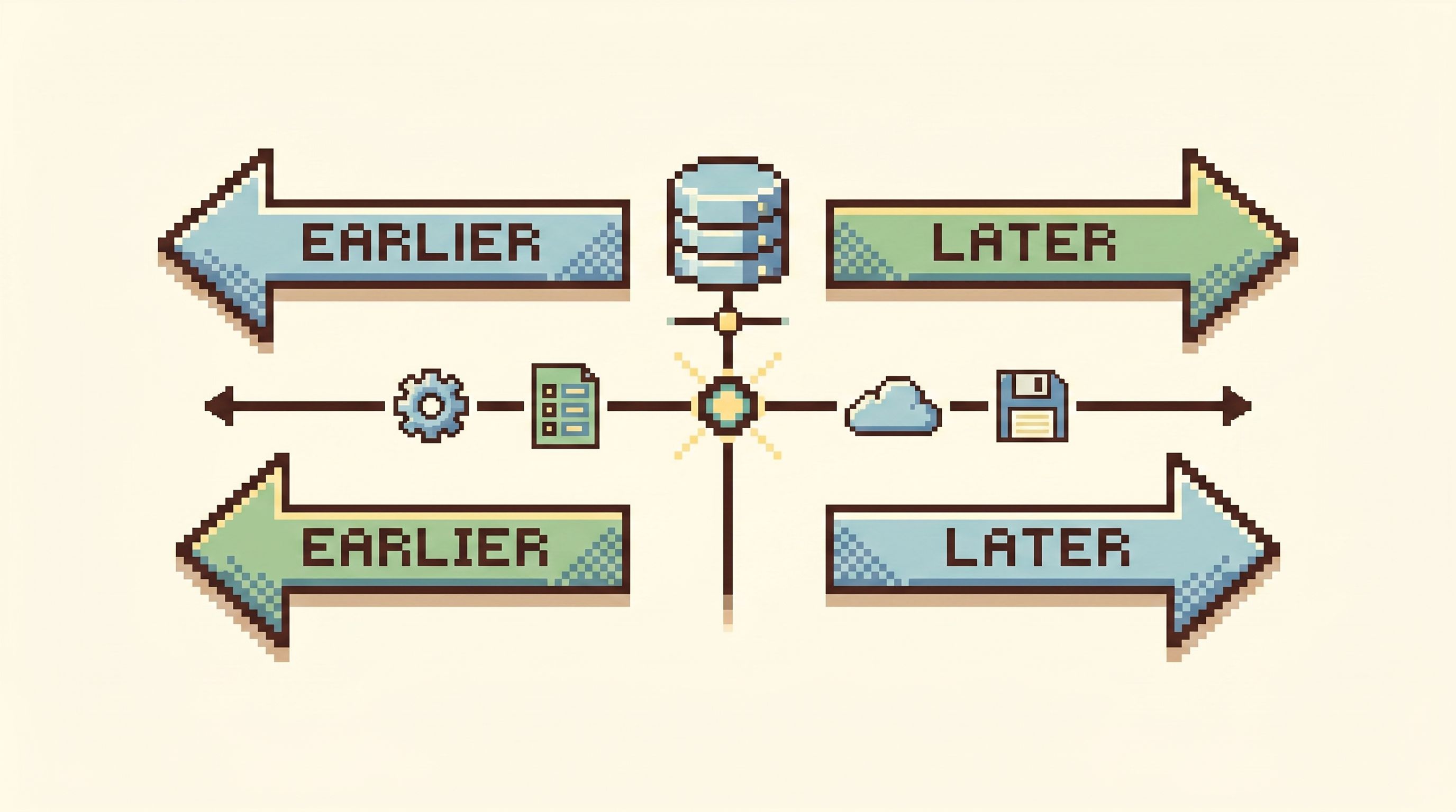Diagram-style illustration showing a linear horizontal timeline of database events with a central an