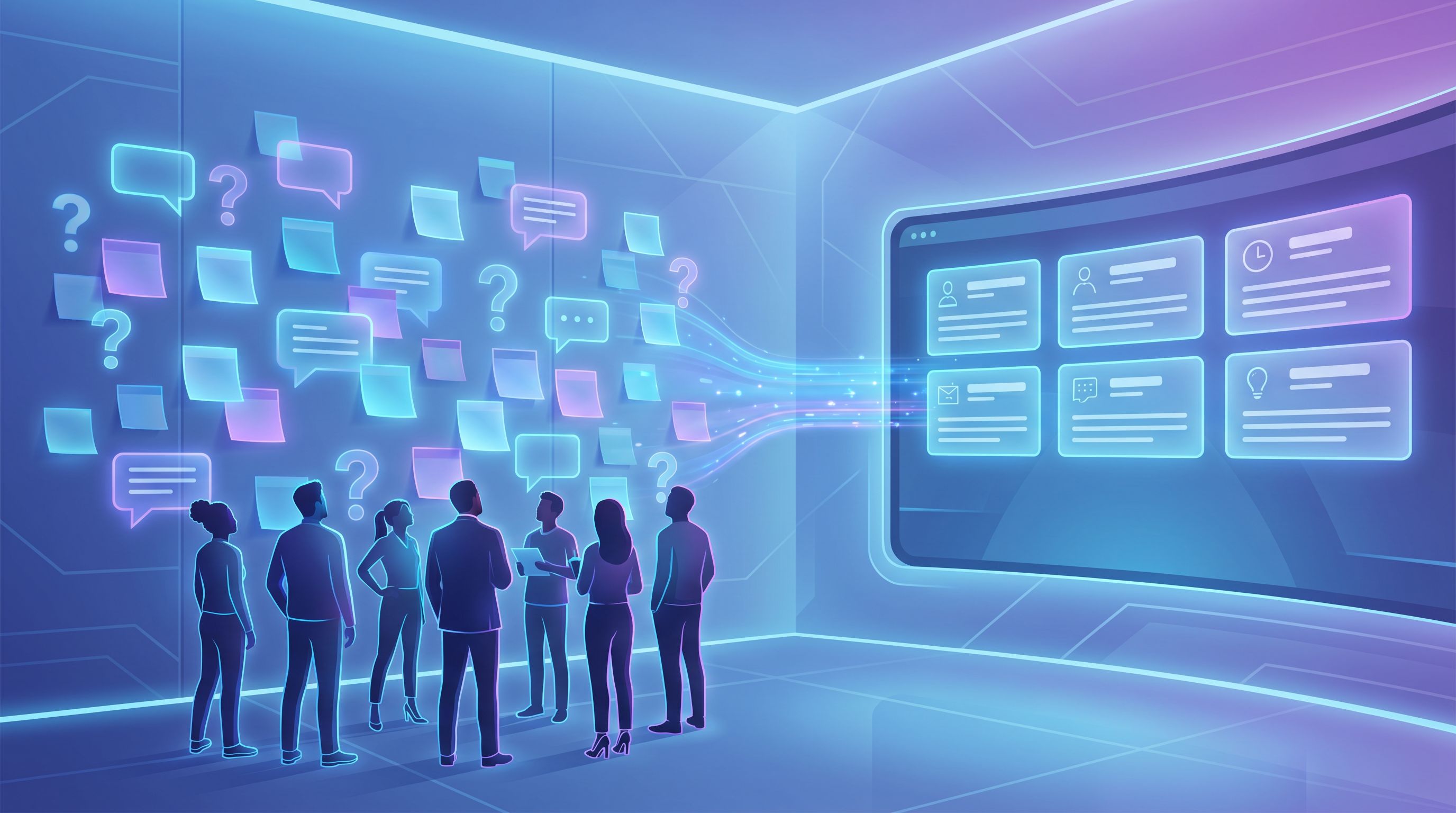 a SaaS customer support team looking at a large wall covered in sticky notes and question bubbles, w