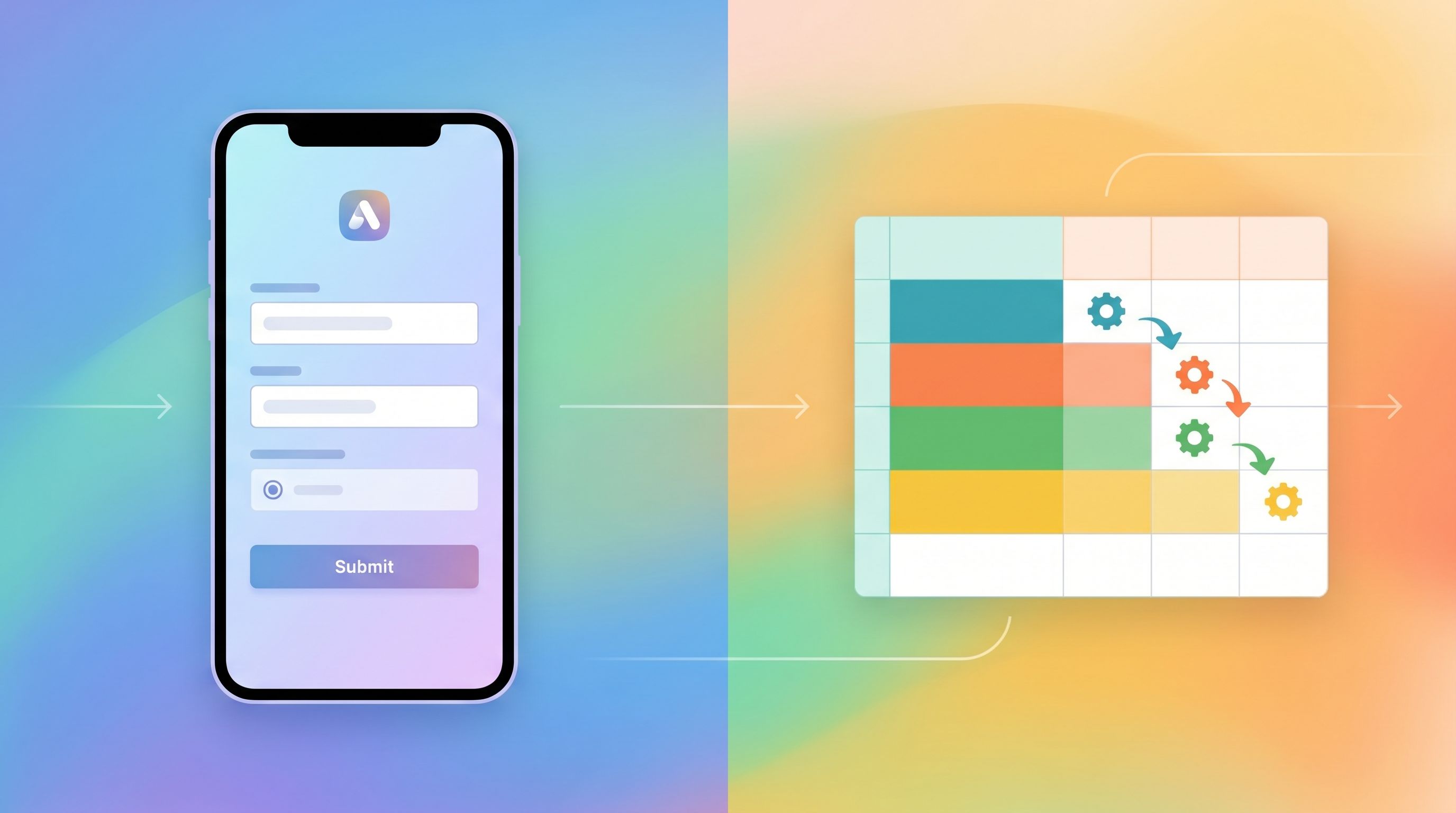 split-screen illustration showing on the left a simple, branded form on a phone screen, and on the r