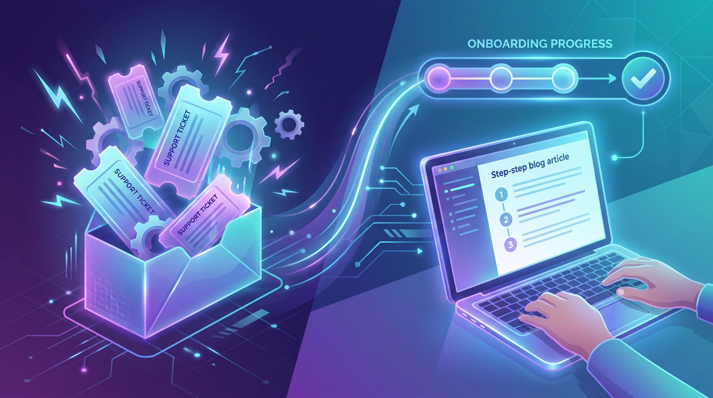 split-screen illustration showing on the left a chaotic inbox overflowing with support tickets, and