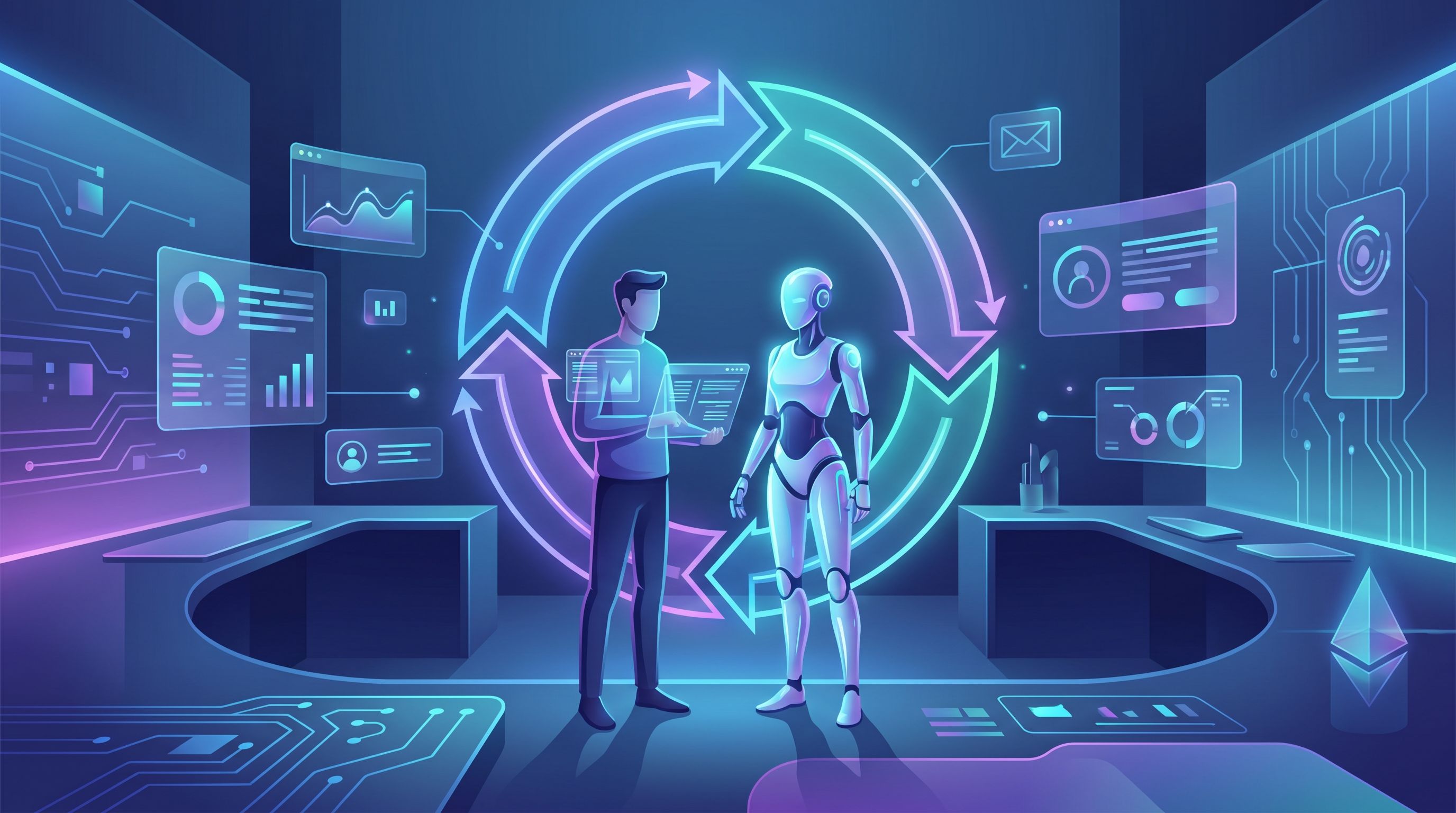 a content strategist and an AI assistant standing in front of a looping circular flowchart labeled D