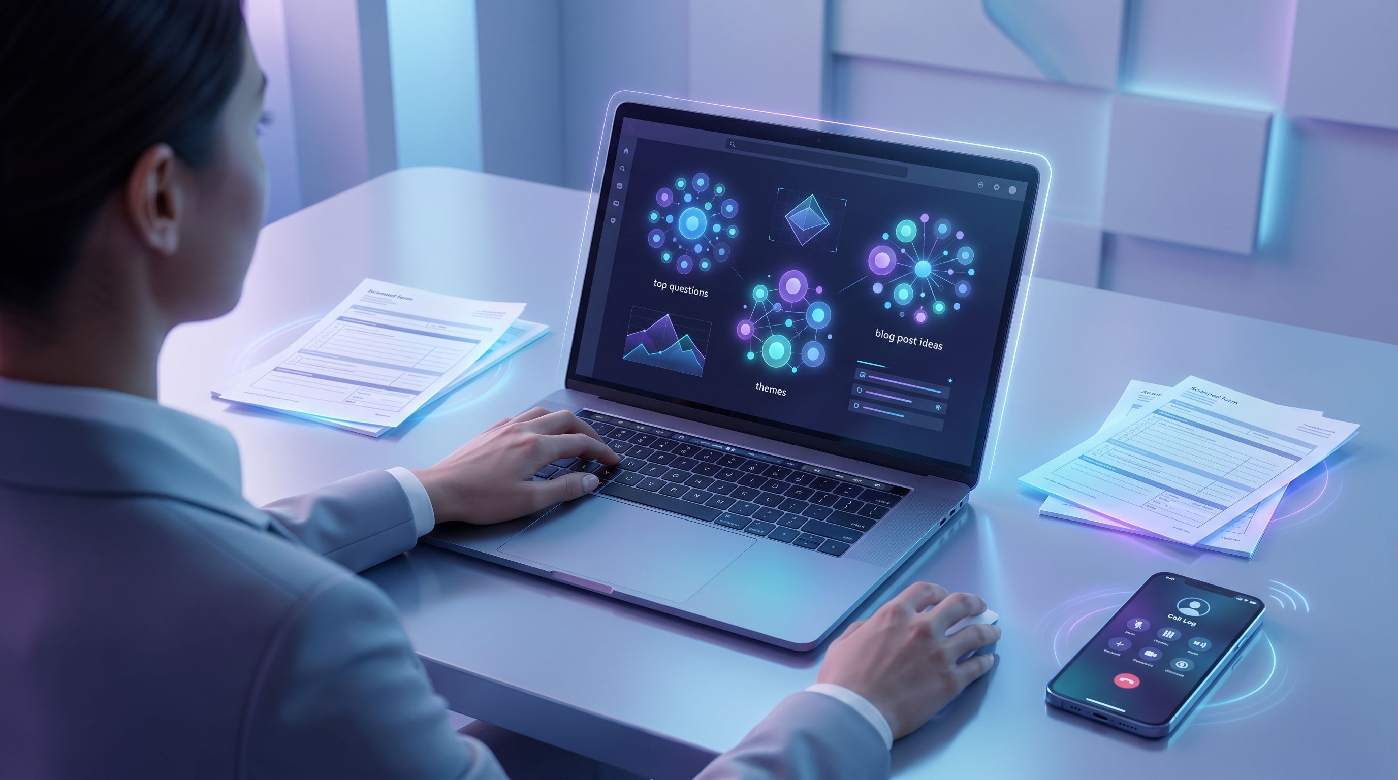 over-the-shoulder view of a business owner at a laptop reviewing AI-generated content clusters on sc