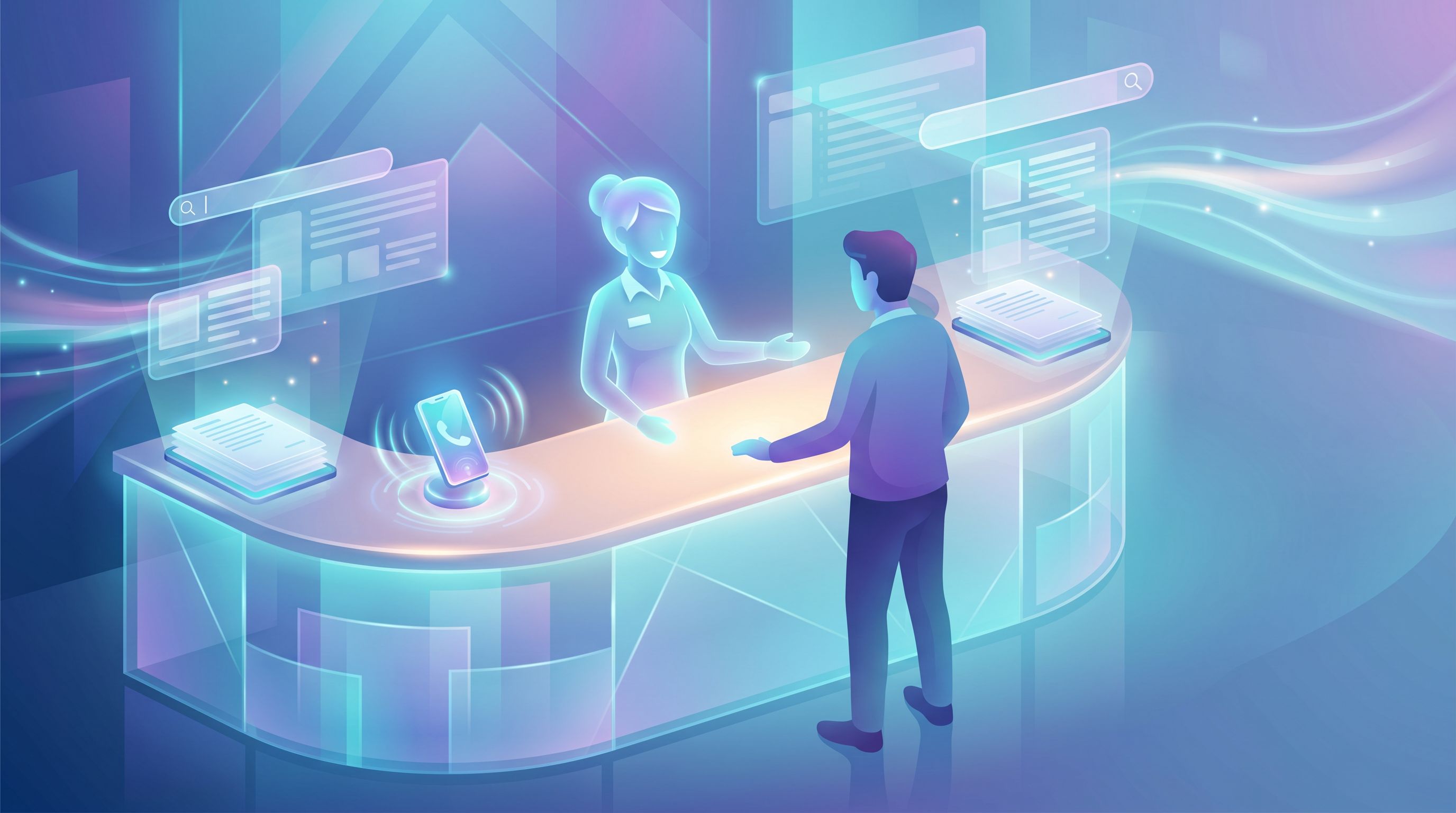 friendly local business front desk with a ringing phone, a staff member talking to a customer, stack
