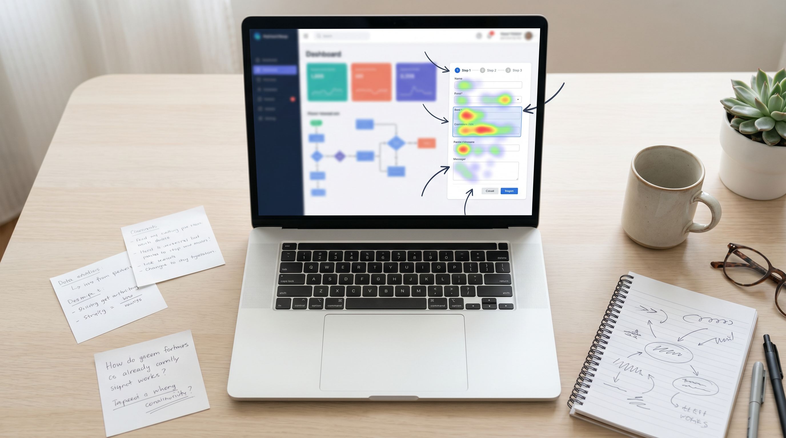 Overhead view of a laptop screen showing a complex form analytics dashboard with drop-off heatmaps o