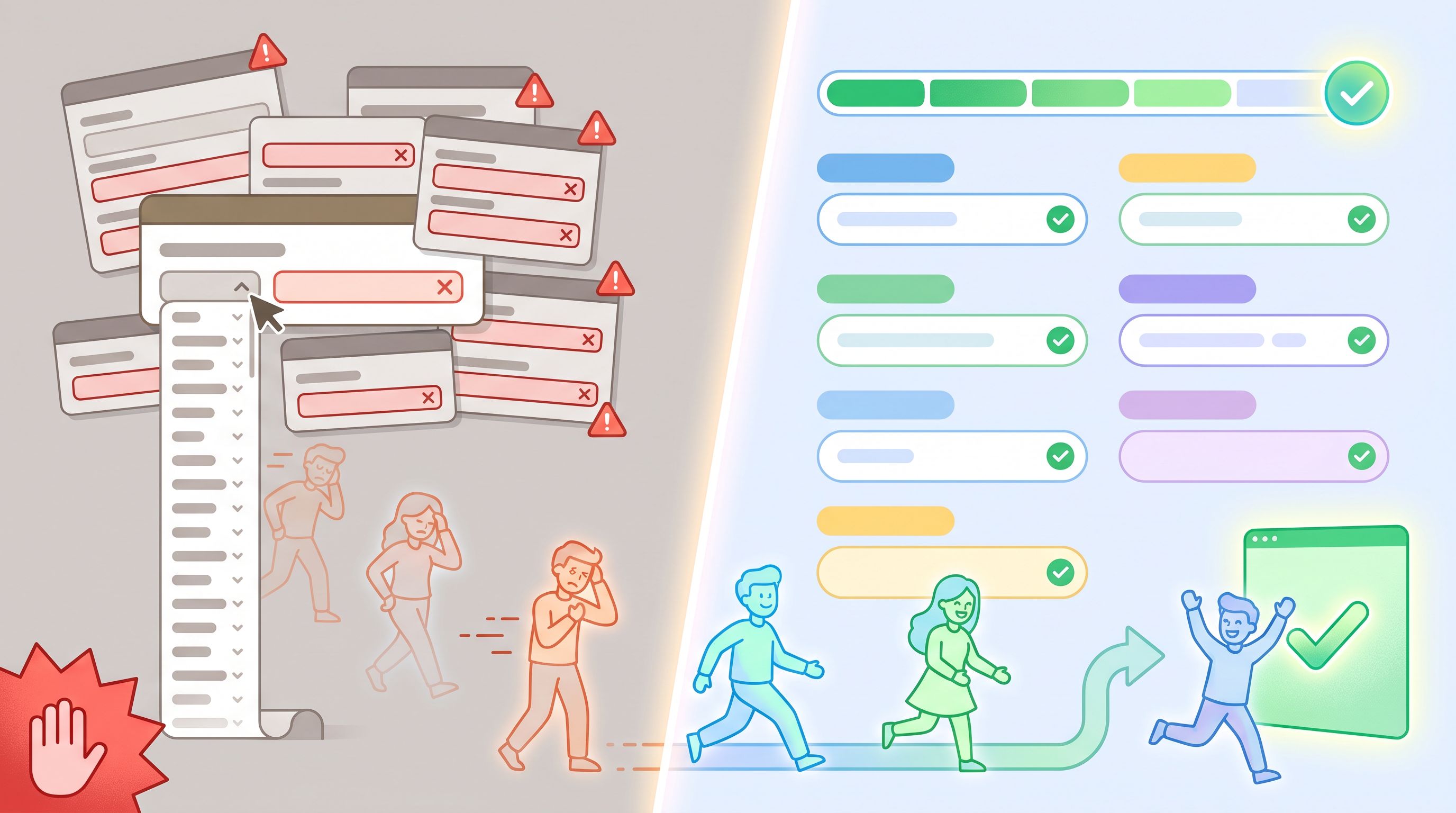 Split-screen illustration showing on the left a cluttered, intimidating form with red warning icons,