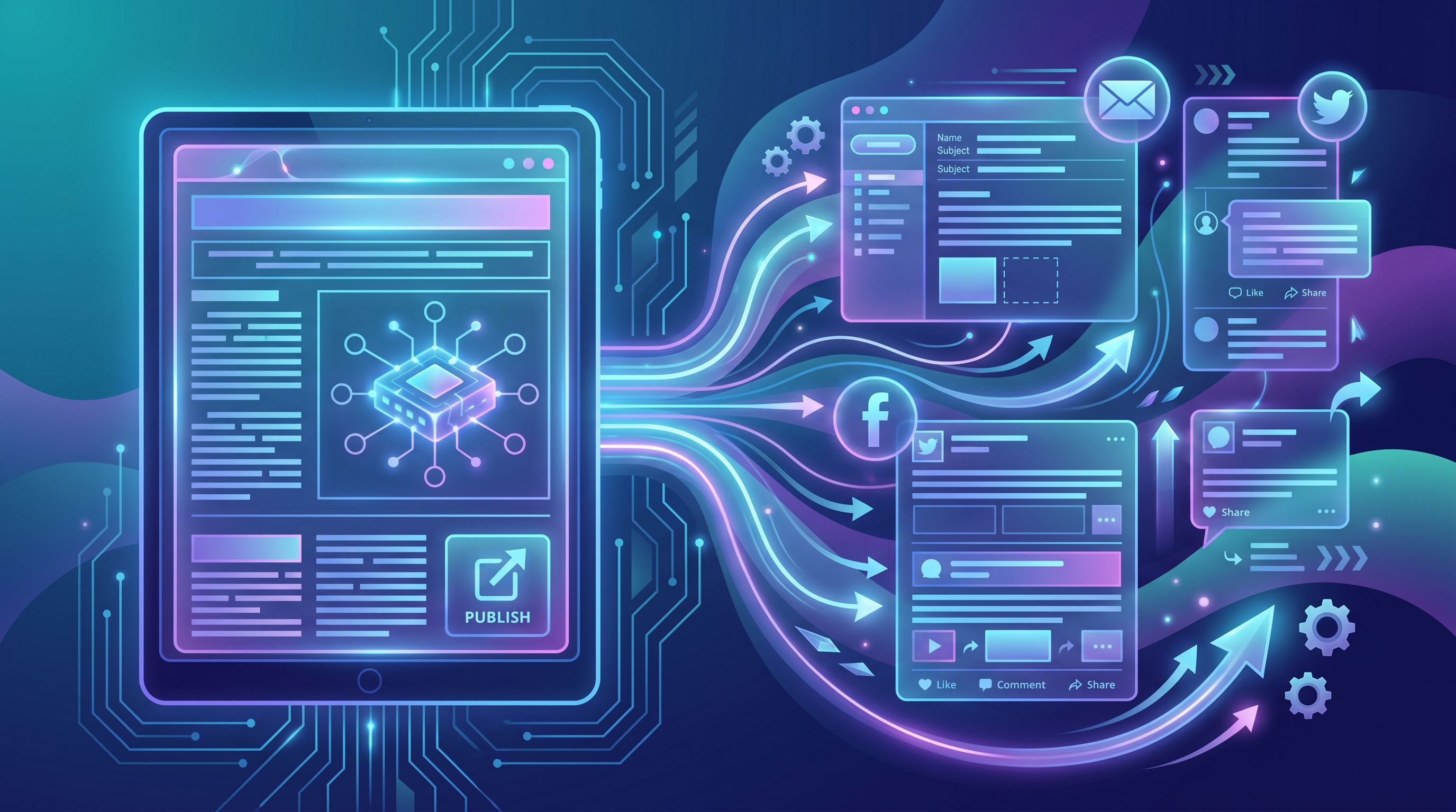 Split-screen illustration showing on one side a detailed blog post about a new SaaS feature, and on