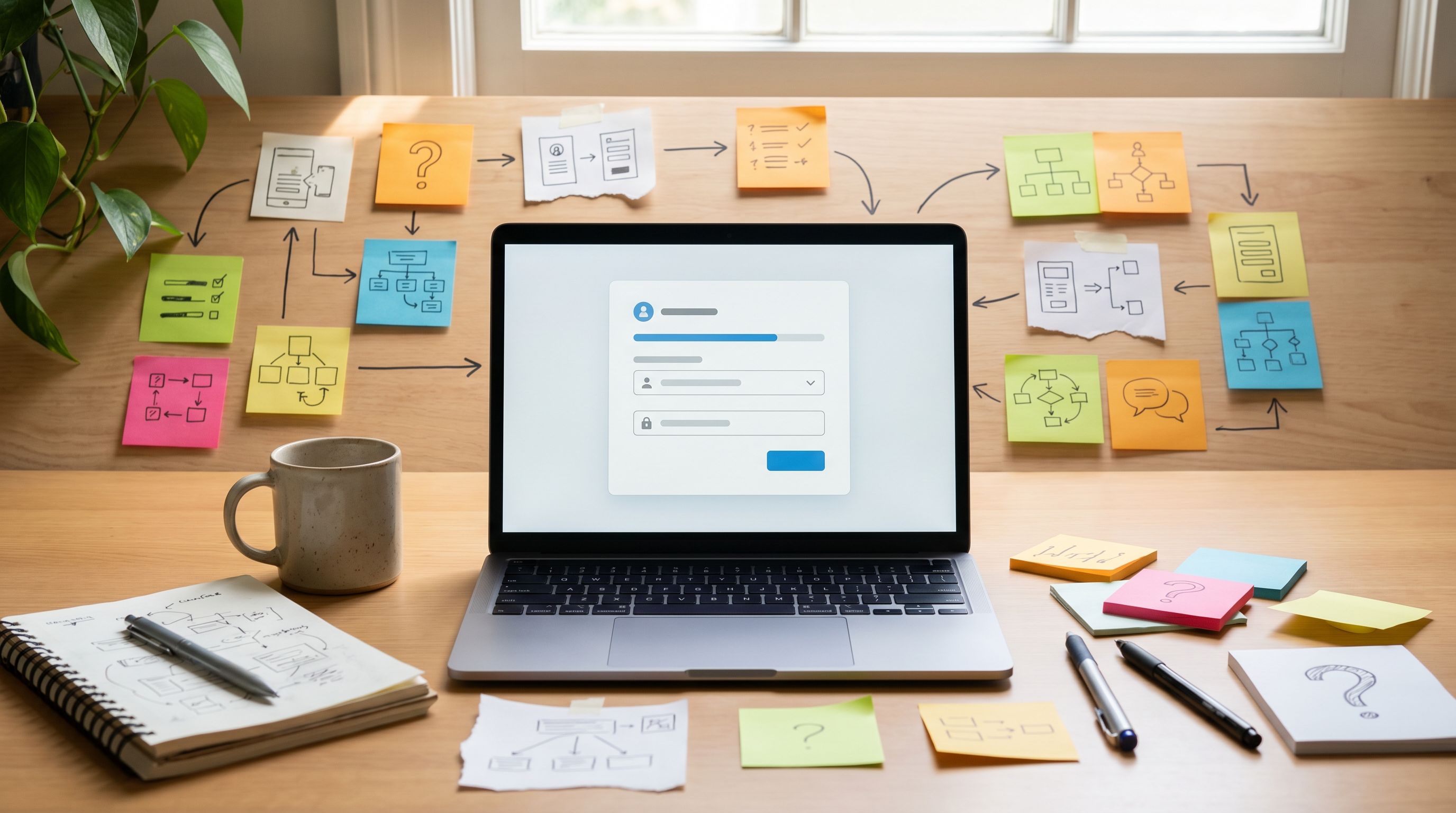 An overhead view of a designer’s desk with a laptop showing a clean, modern form interface, surround
