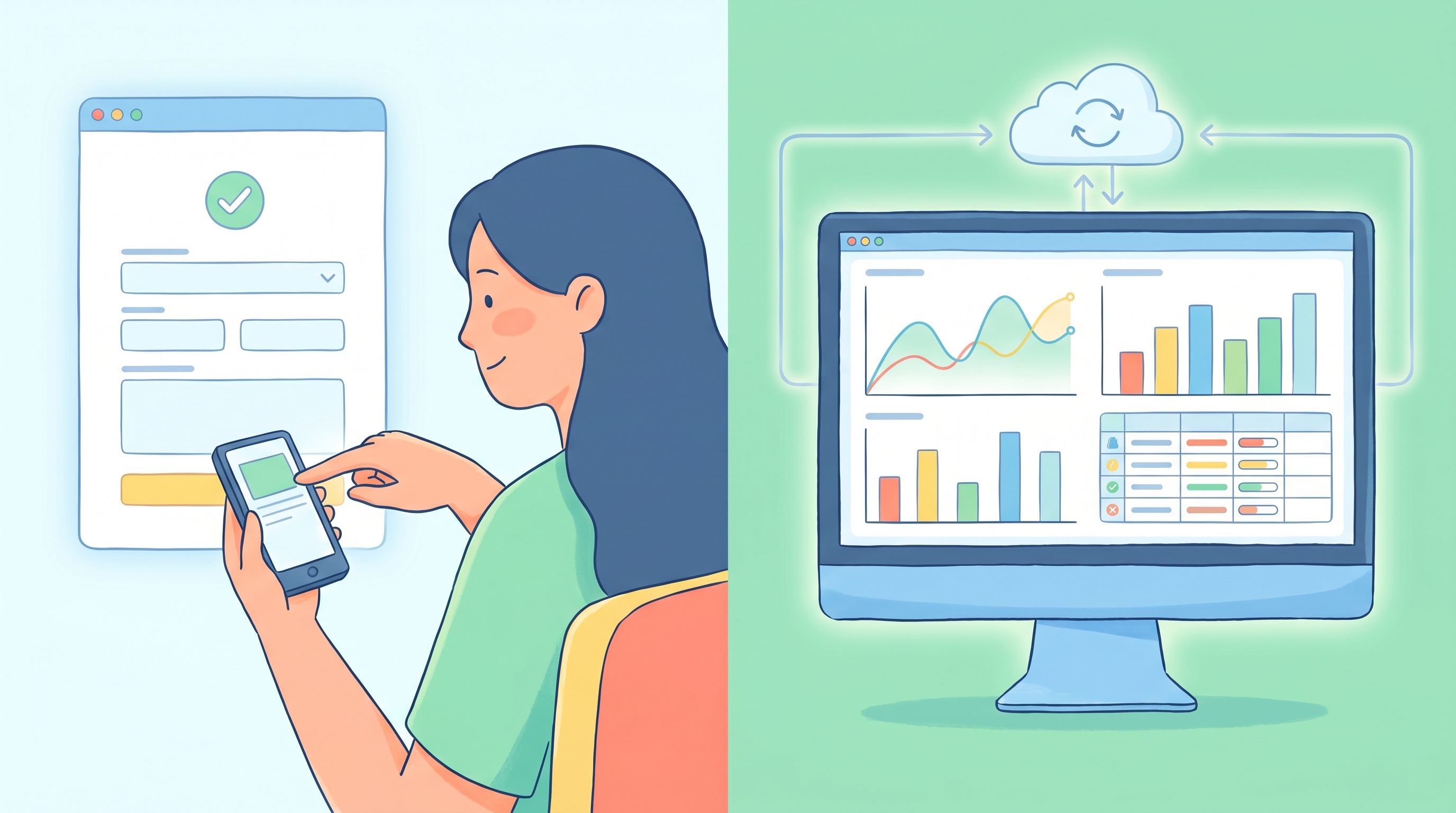 A split-screen style illustration showing on the left a person filling out a simple mobile-friendly