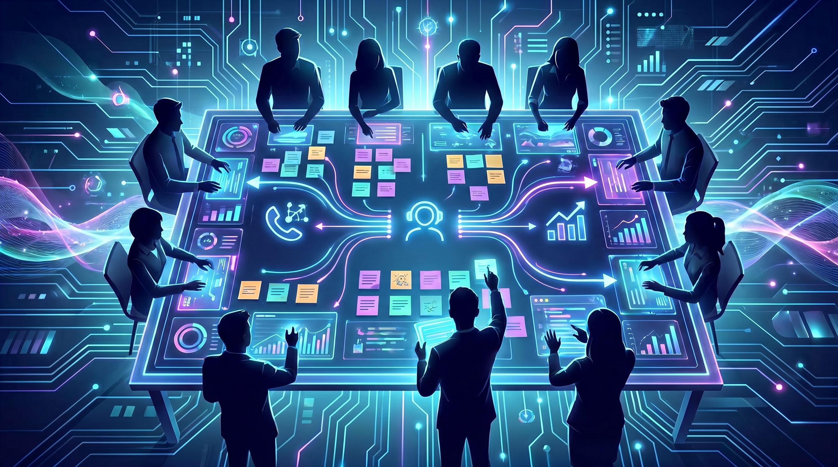 Wide overhead shot of a team gathered around a large table covered in sticky notes, laptops, and pri