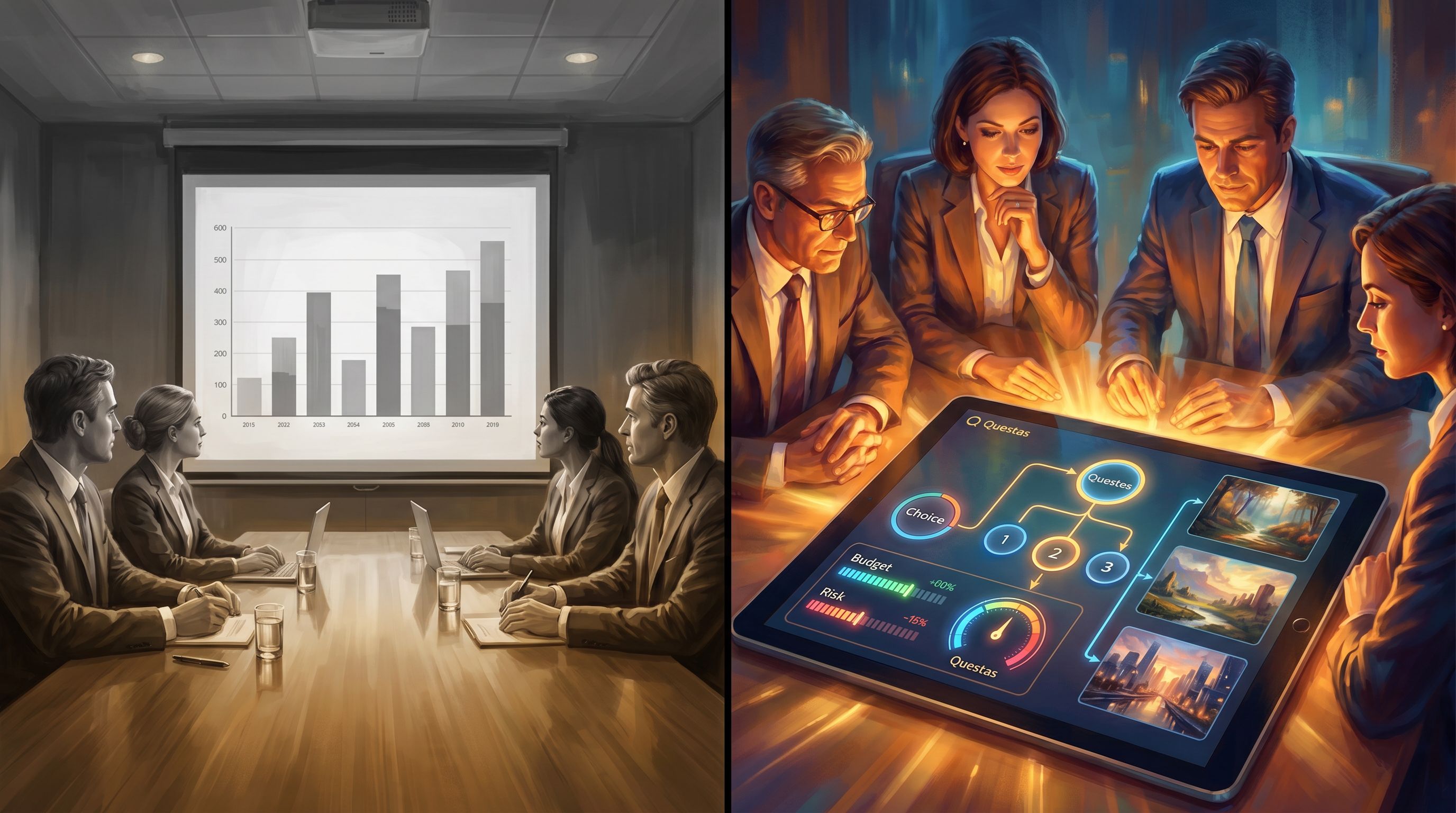 Split-screen composition: on the left, a muted, grayscale corporate boardroom with executives watchi